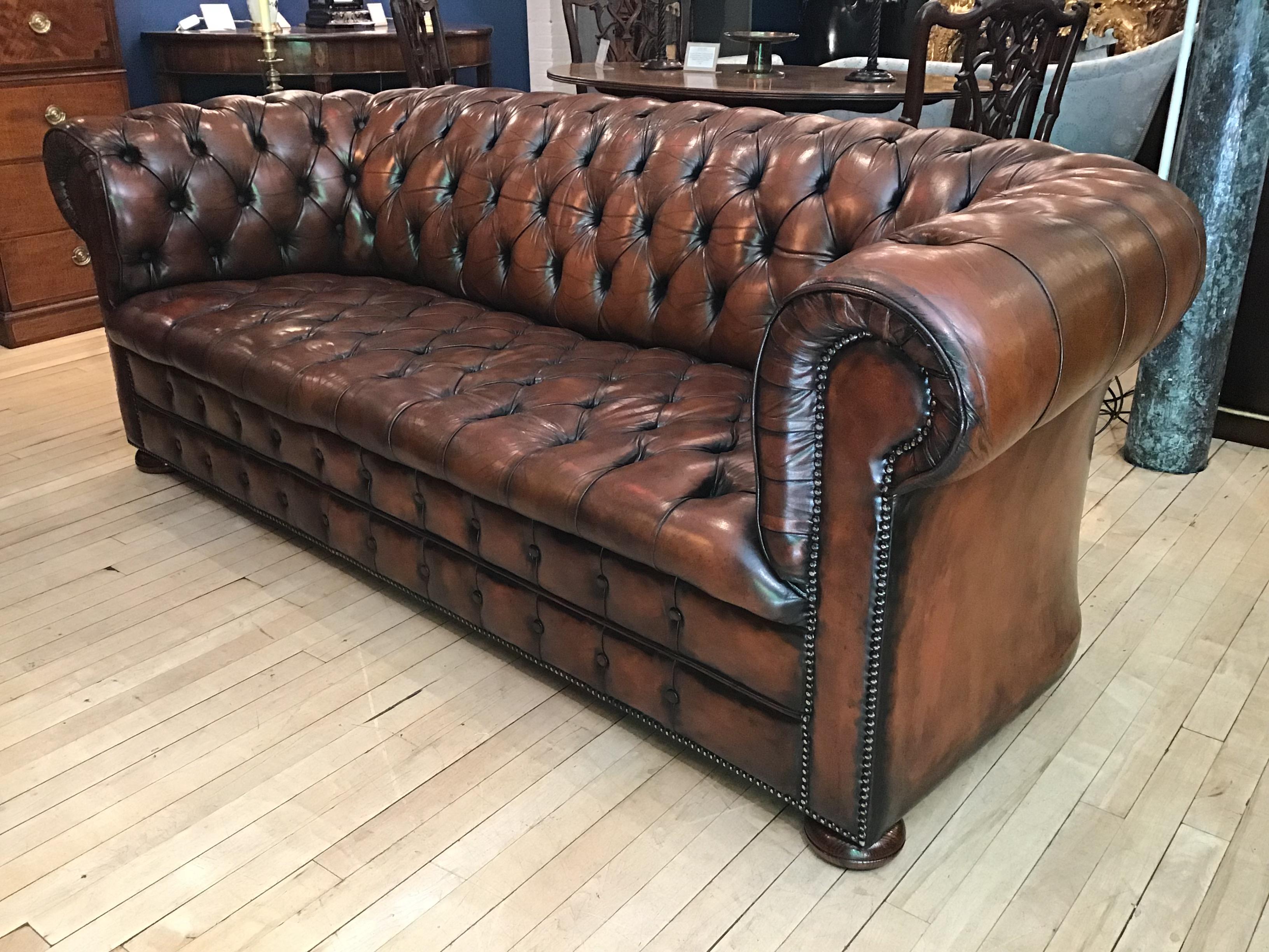 20th Century Vintage Leather Chesterfield Three Seater Sofa, in Rich Nutty Brown 4