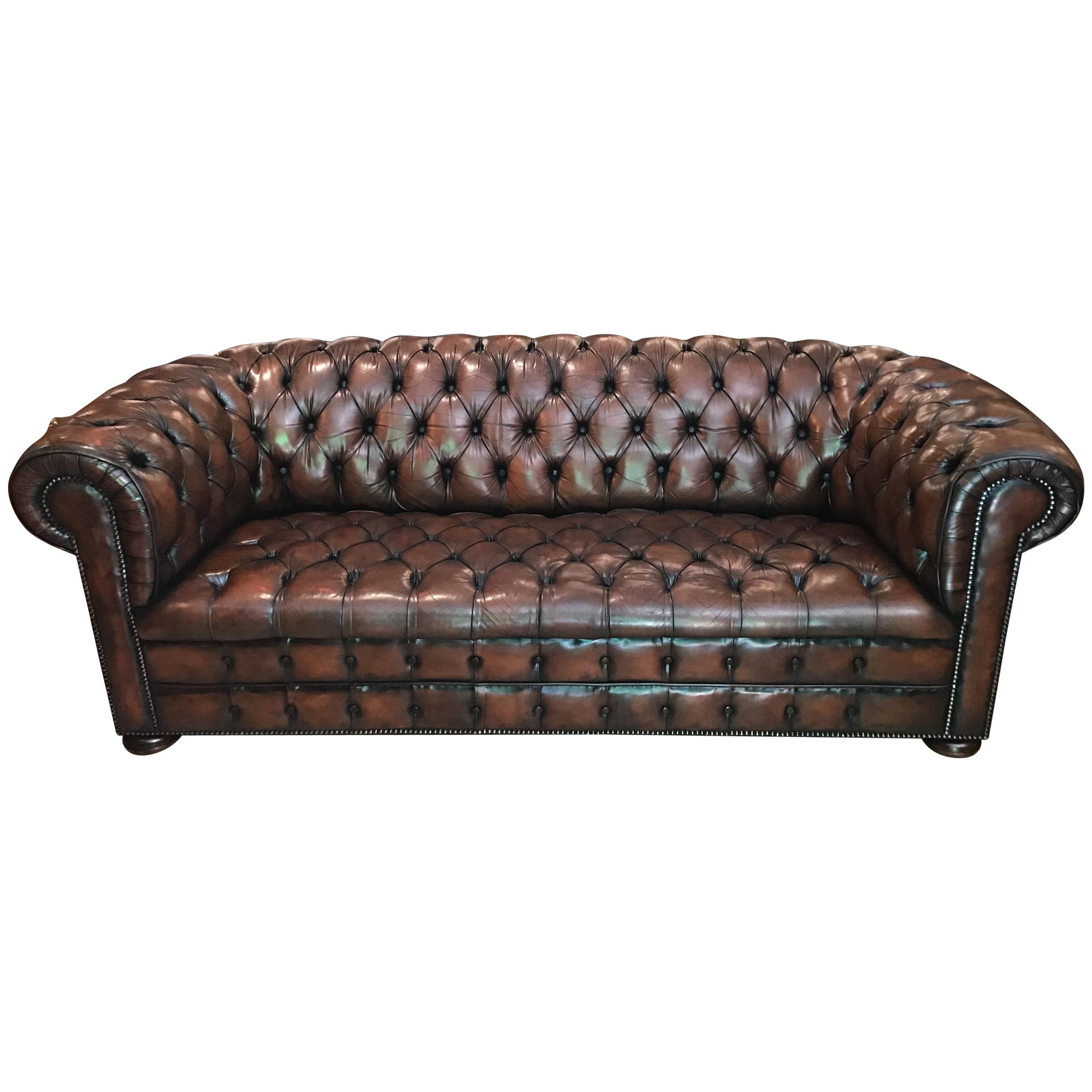 20th Century Vintage Leather Chesterfield Three Seater Sofa, in Rich Nutty Brown