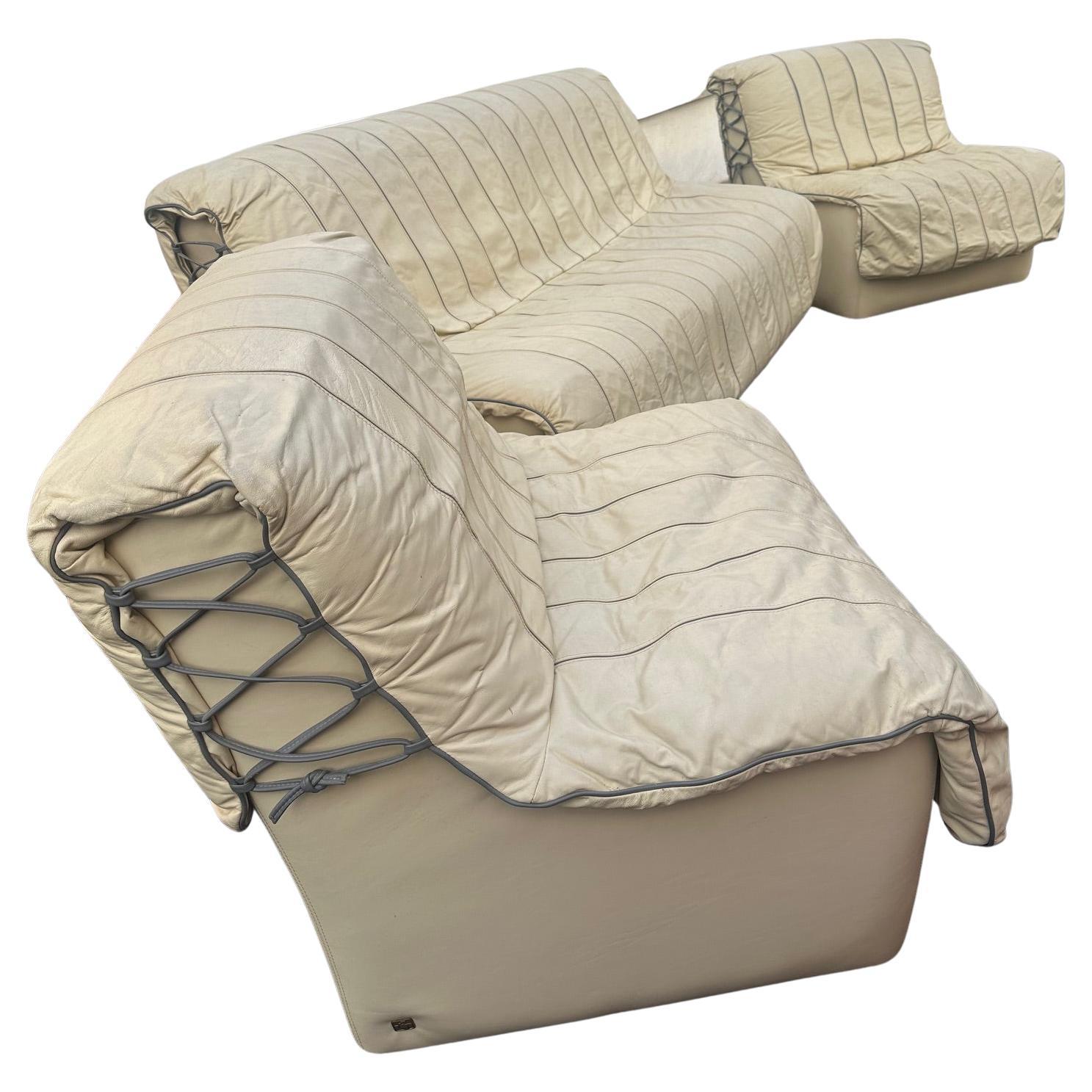 20th century Vintage Leather Living Room set Sofa and Two Armchairs, 1980s im Angebot