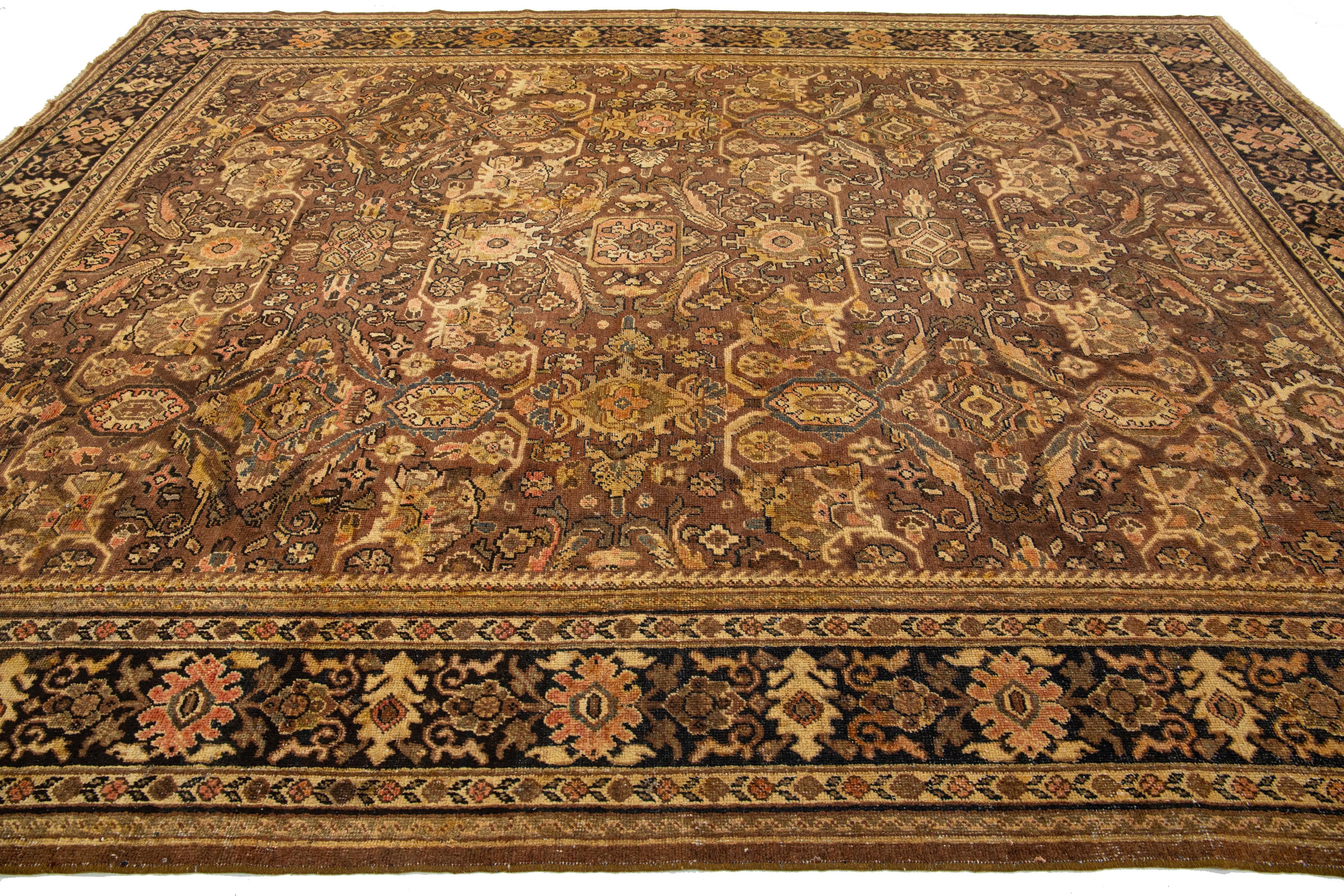 Hand-Knotted 20th Century Vintage Mahal Handmade Persian Wool Rug With Allover Motif In Brown For Sale