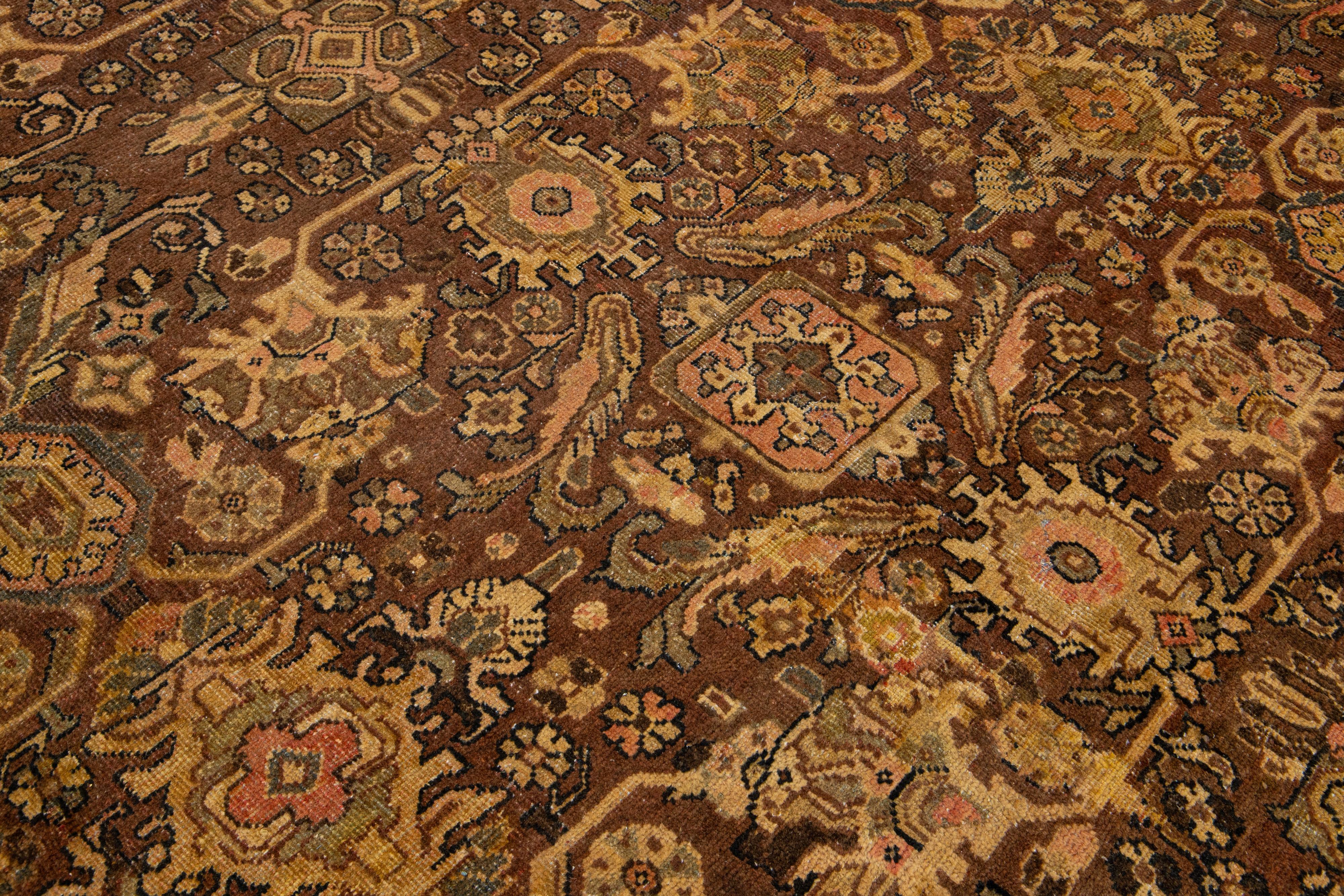 20th Century Vintage Mahal Handmade Persian Wool Rug With Allover Motif In Brown For Sale 2