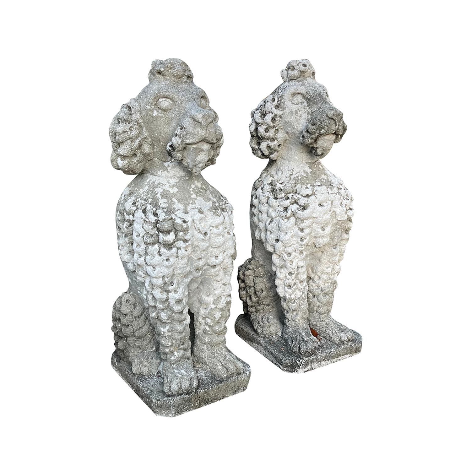 Hand-Carved 20th Century Vintage Pair of French Dog Poodle Garden Statues For Sale