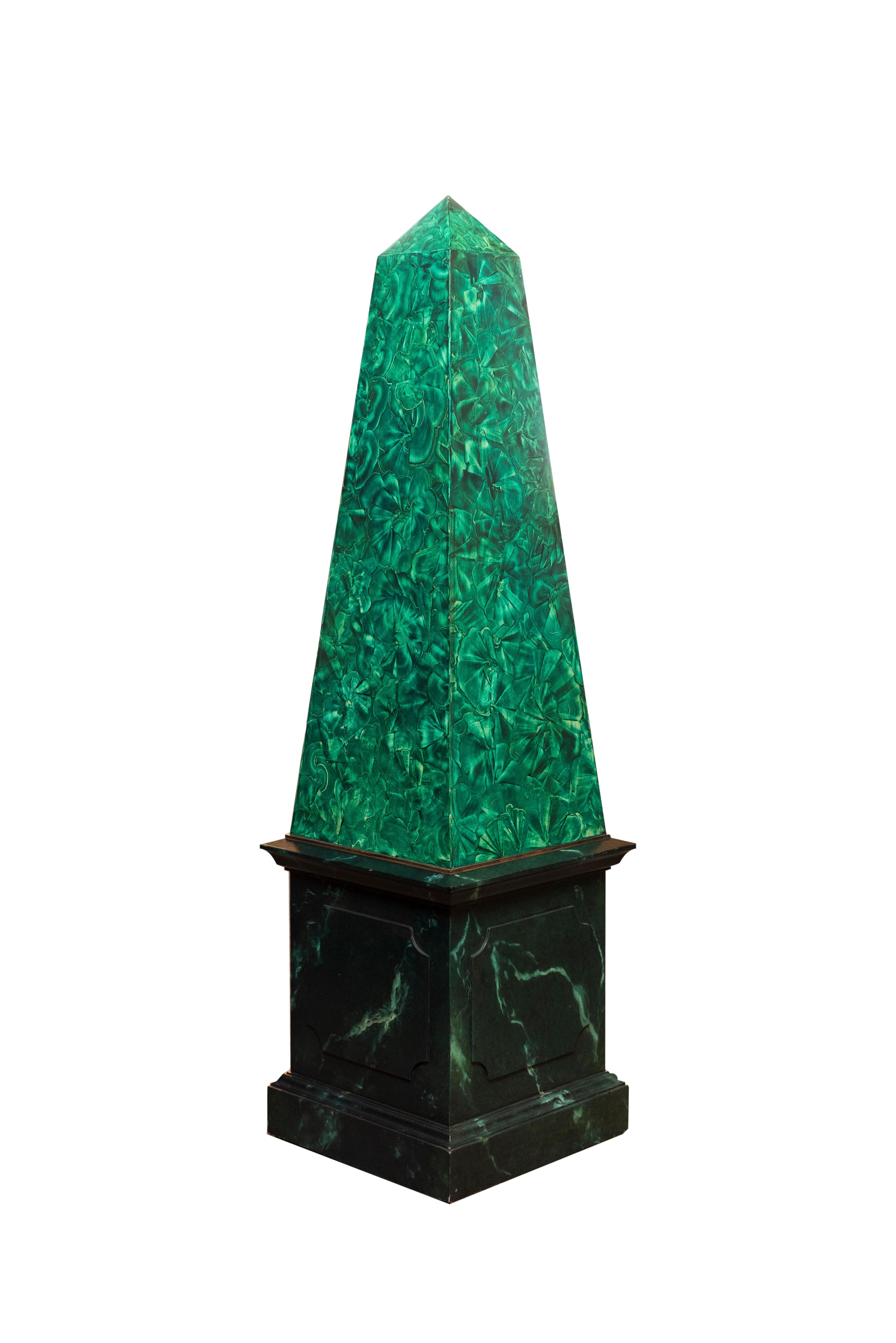 French 20th Century Vintage Pair of Large Faux Malachite Obelisks For Sale