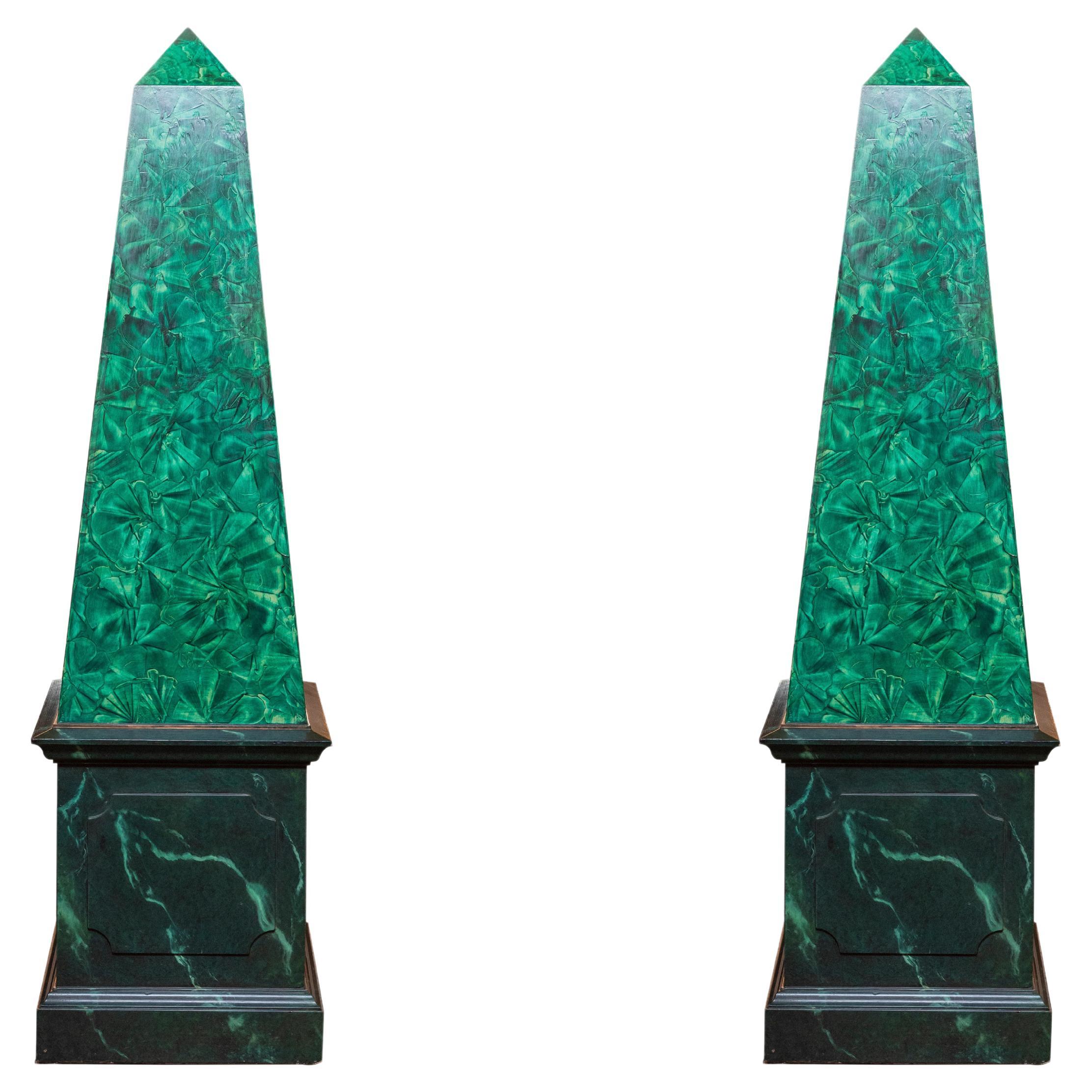 20th Century Vintage Pair of Large Faux Malachite Obelisks For Sale
