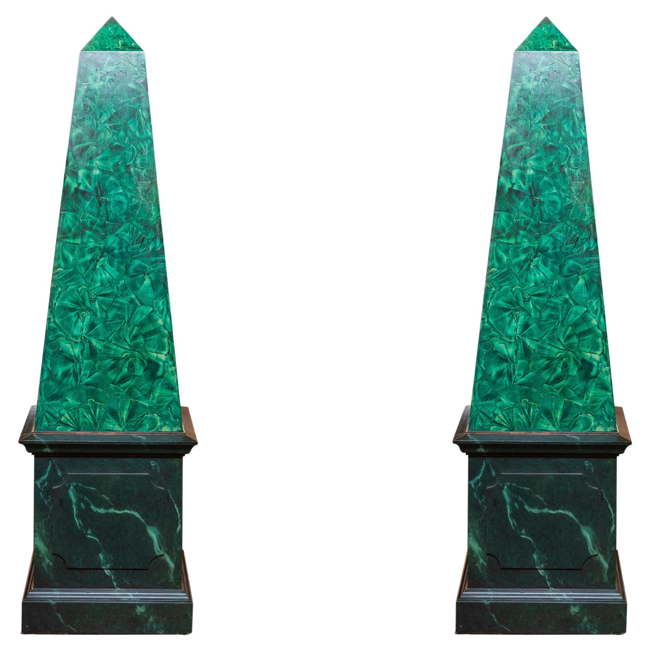 20th Century Vintage Pair of Large Faux Malachite Obelisks