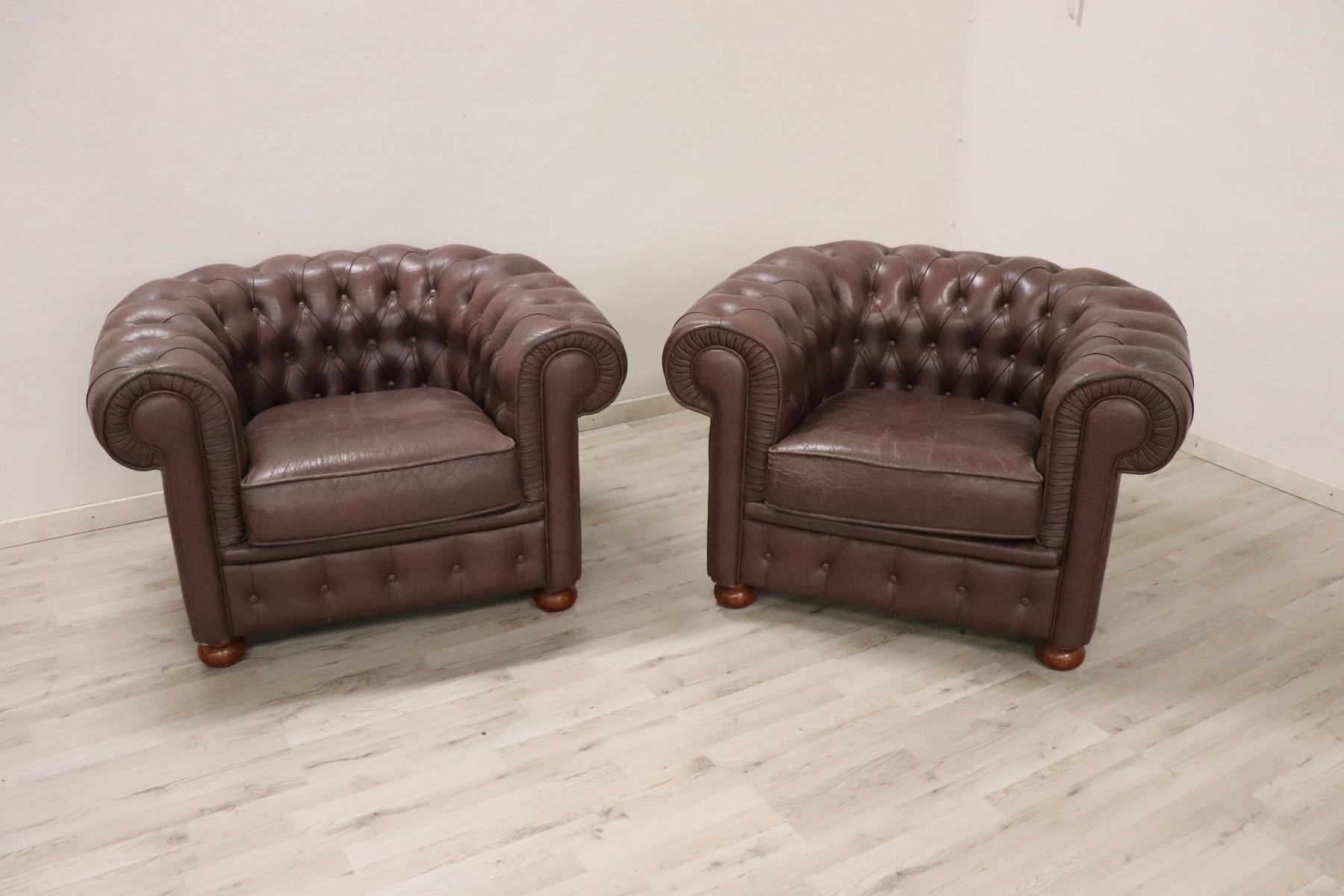Mid-20th Century 20th Century Vintage Pair of Leather English Chesterfield Armchairs