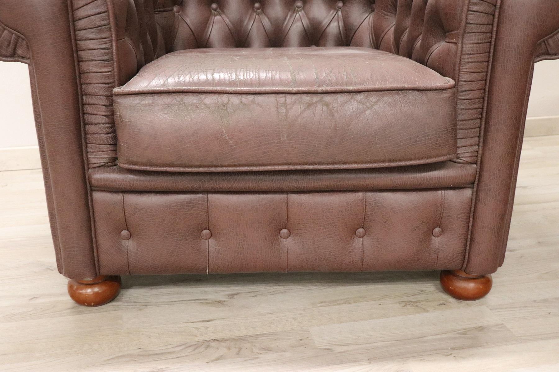 Wood 20th Century Vintage Pair of Leather English Chesterfield Armchairs