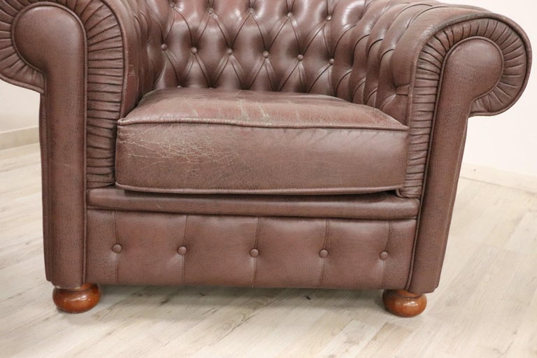 20th Century Vintage Pair of Leather English Chesterfield Armchairs For