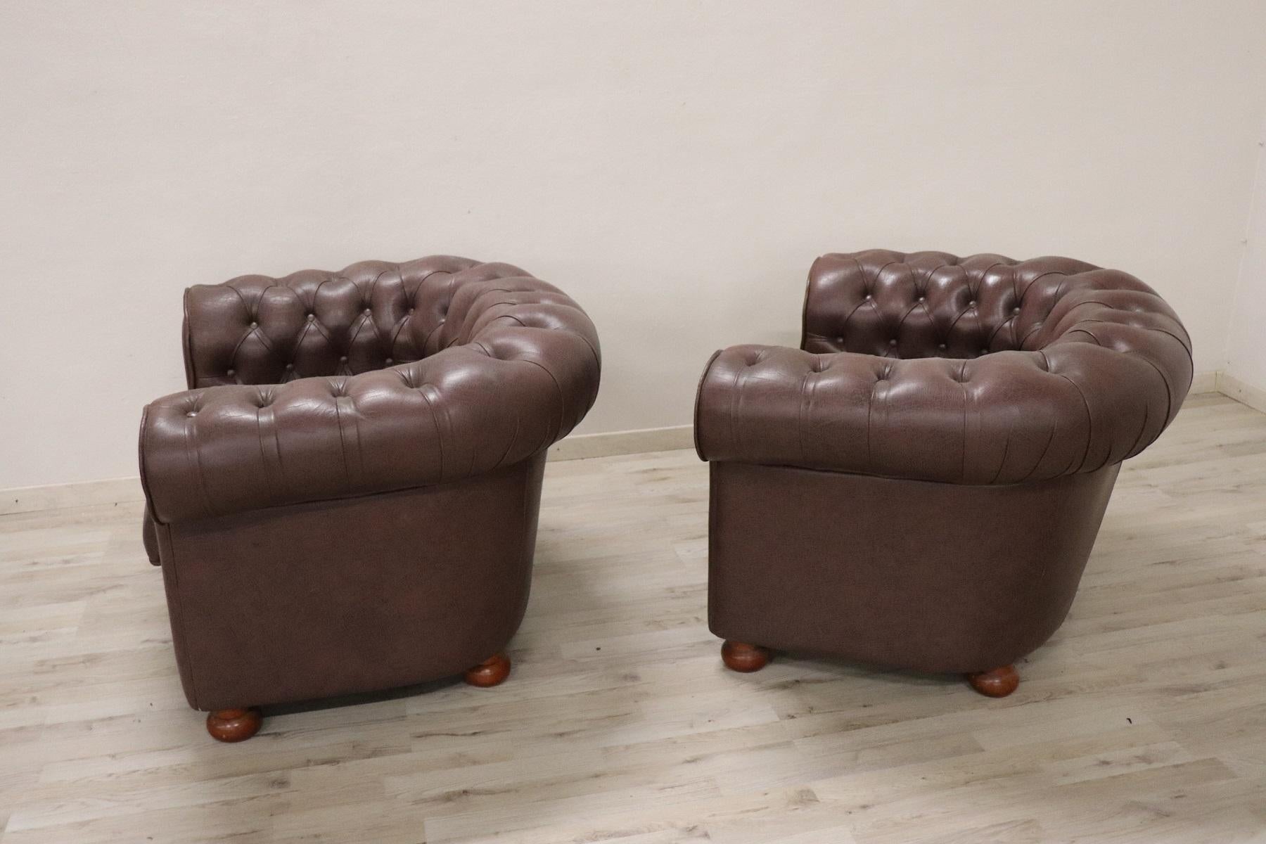 20th Century Vintage Pair of Leather English Chesterfield Armchairs 2