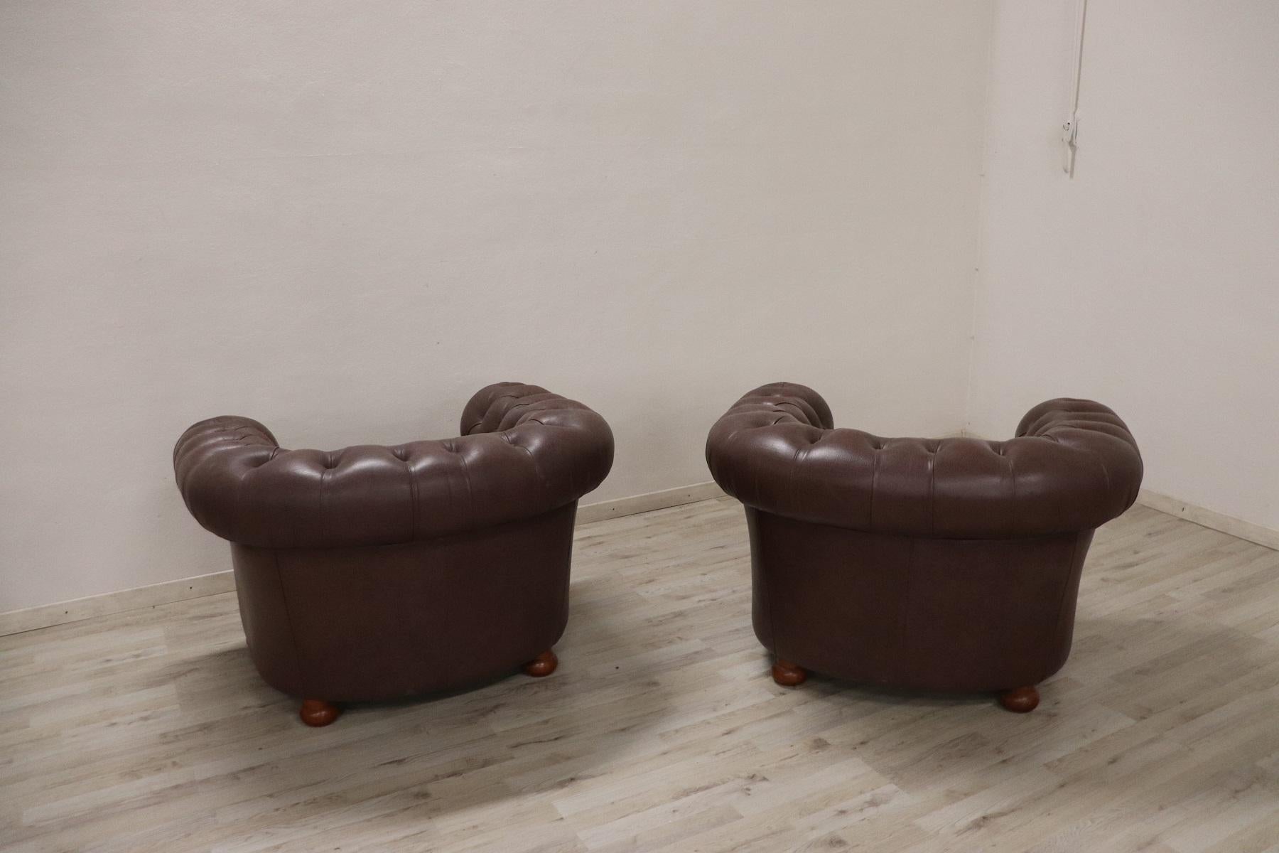 20th Century Vintage Pair of Leather English Chesterfield Armchairs 3