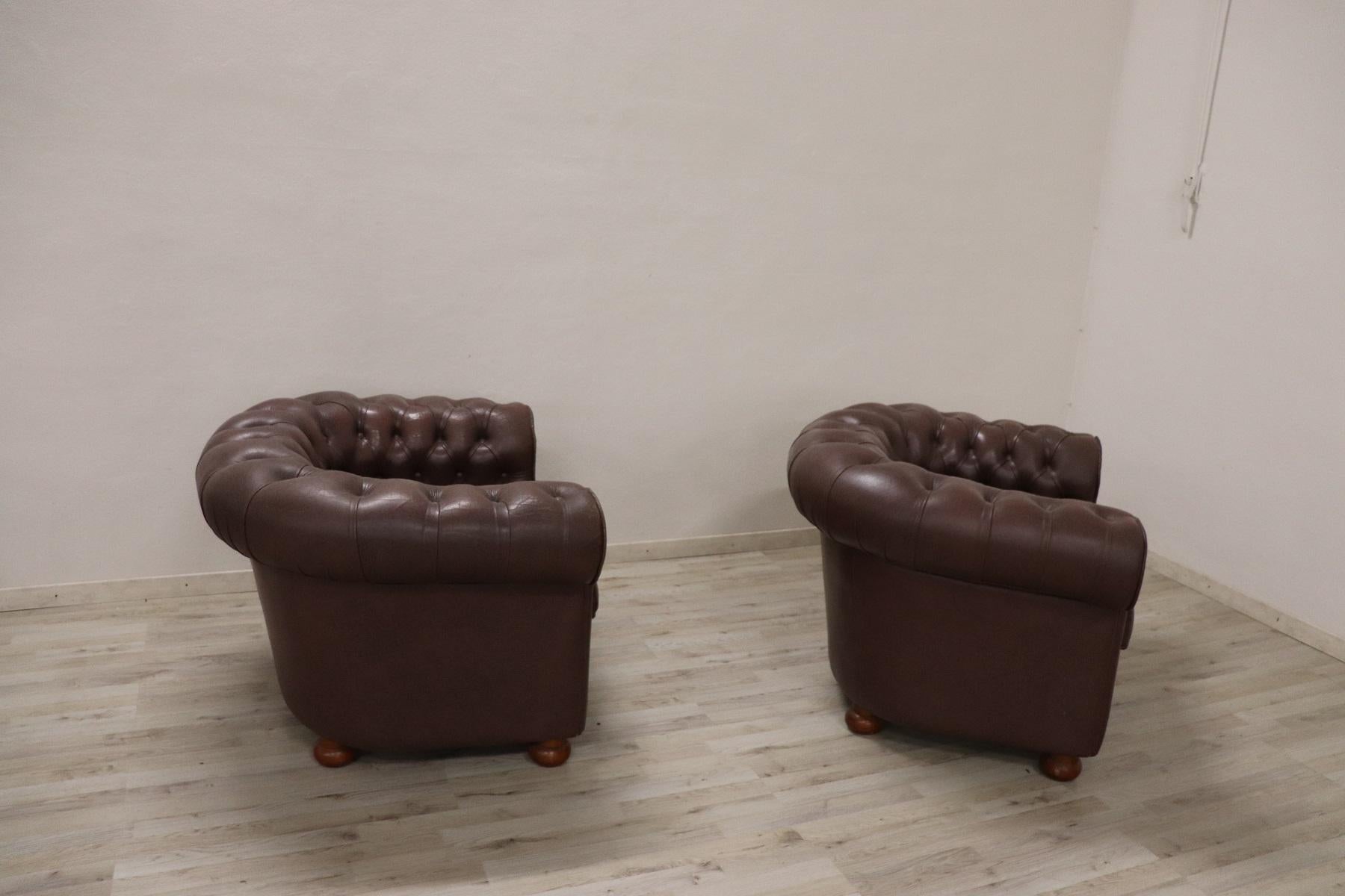 20th Century Vintage Pair of Leather English Chesterfield Armchairs 4