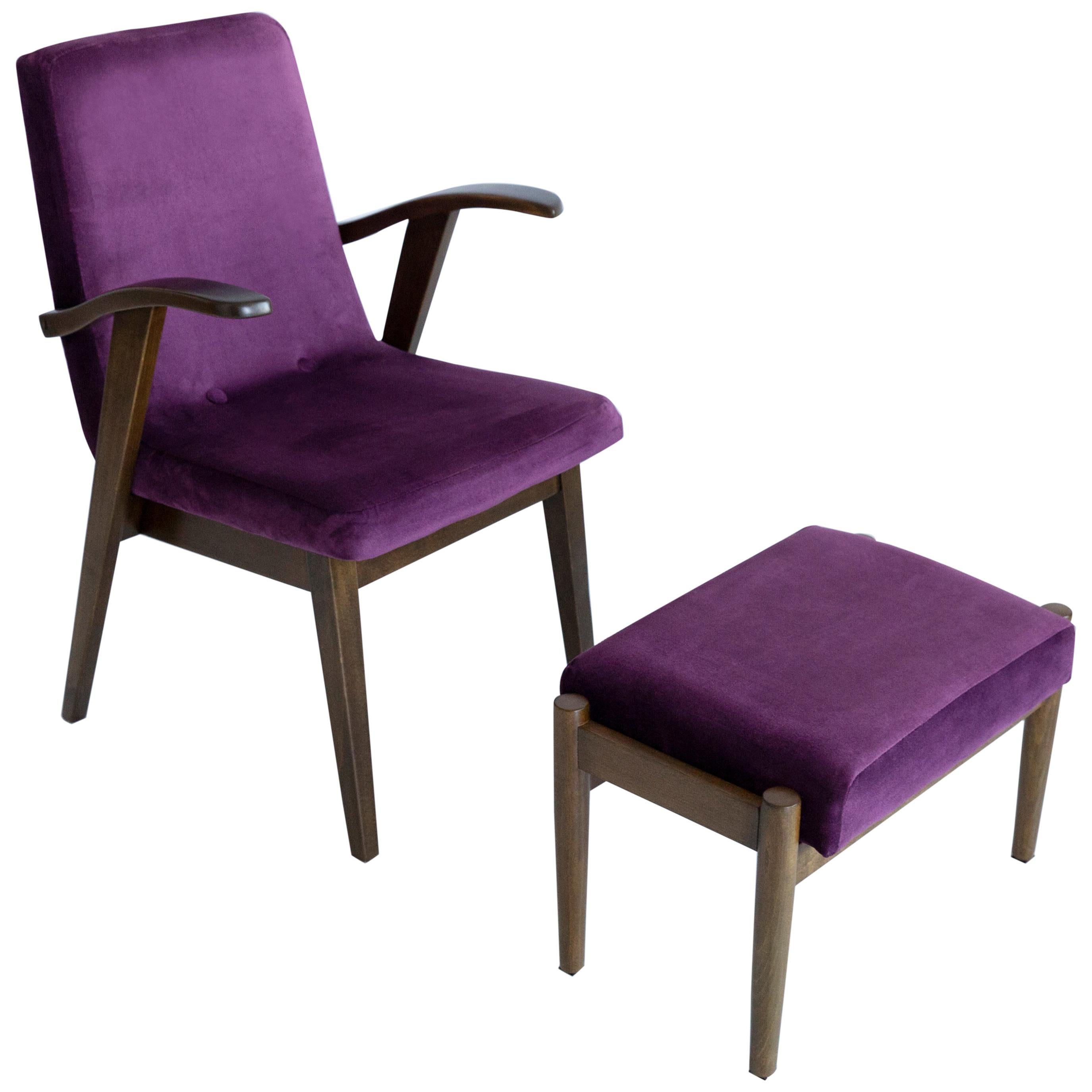 20th Century Vintage Plum Violet Armchair and Stool by Mieczyslaw Puchala, 1960s