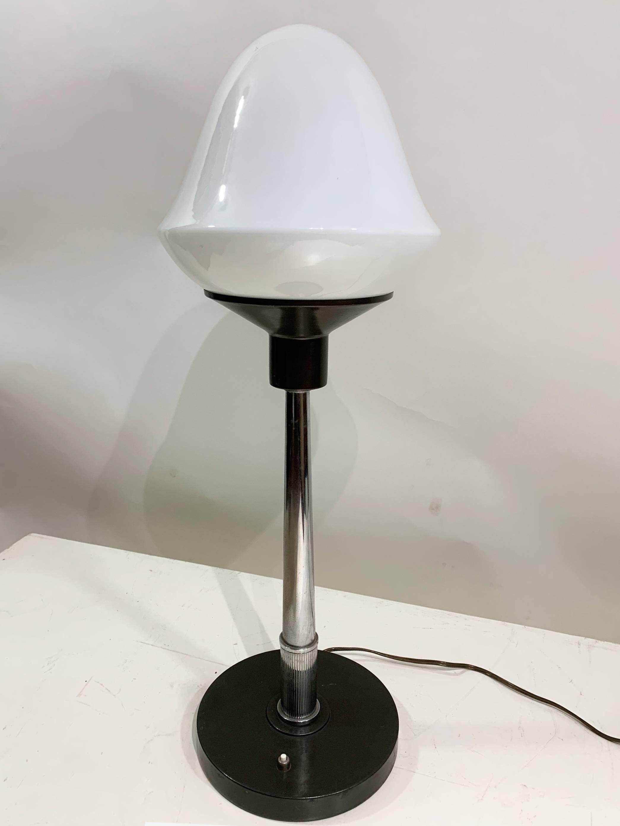 French 20th Century Vintage Table Lamp, Milk Glass Shade and Metallic Rod For Sale