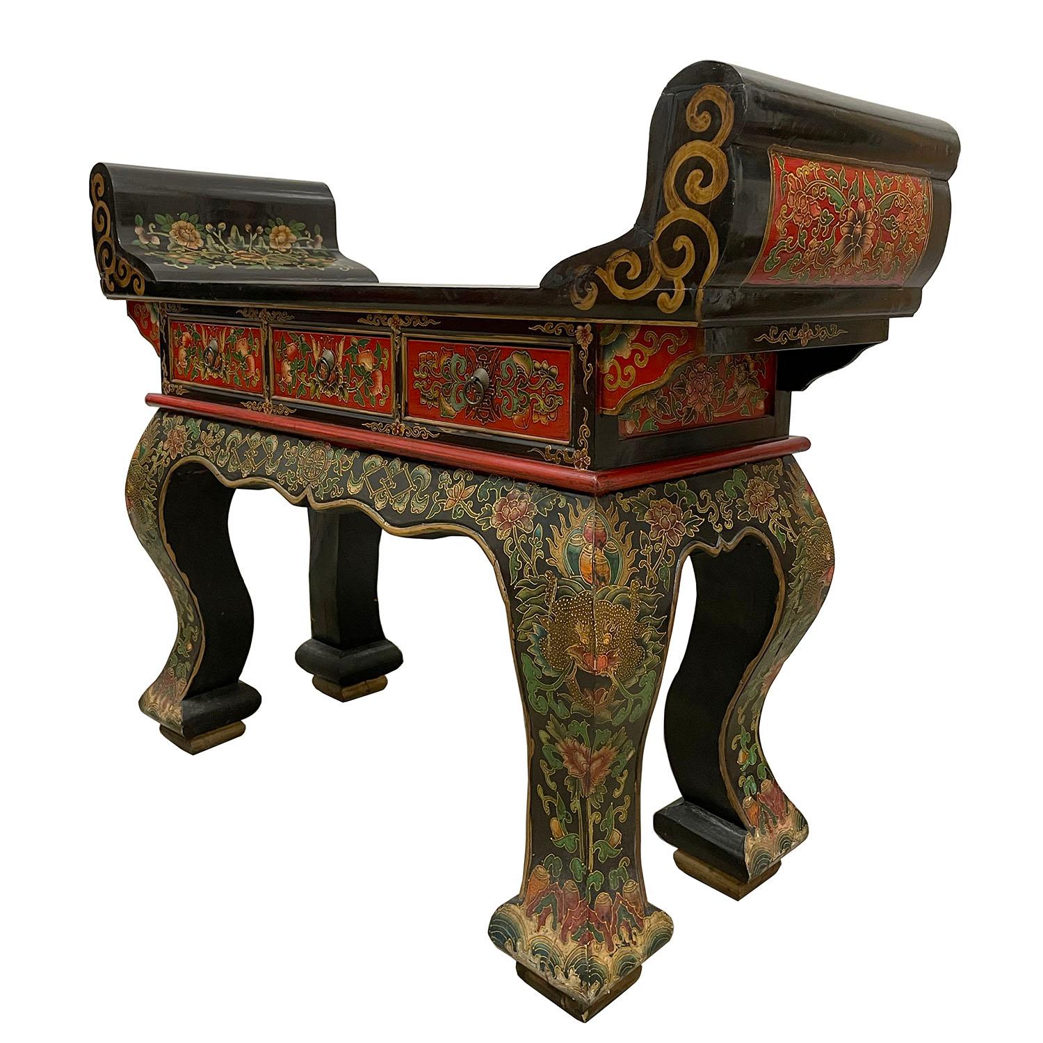 Size: 32in H x53in W x 18in D
Drawer: 3 1/4in H x 10in W x 13in D
Origin: Tibet
Circa: 1950's
Material: Wood
Condition: Solid wood construction, very heavy and sturdy, hand painted. Minor blemishes due to age
Look at this Vintage Altar table