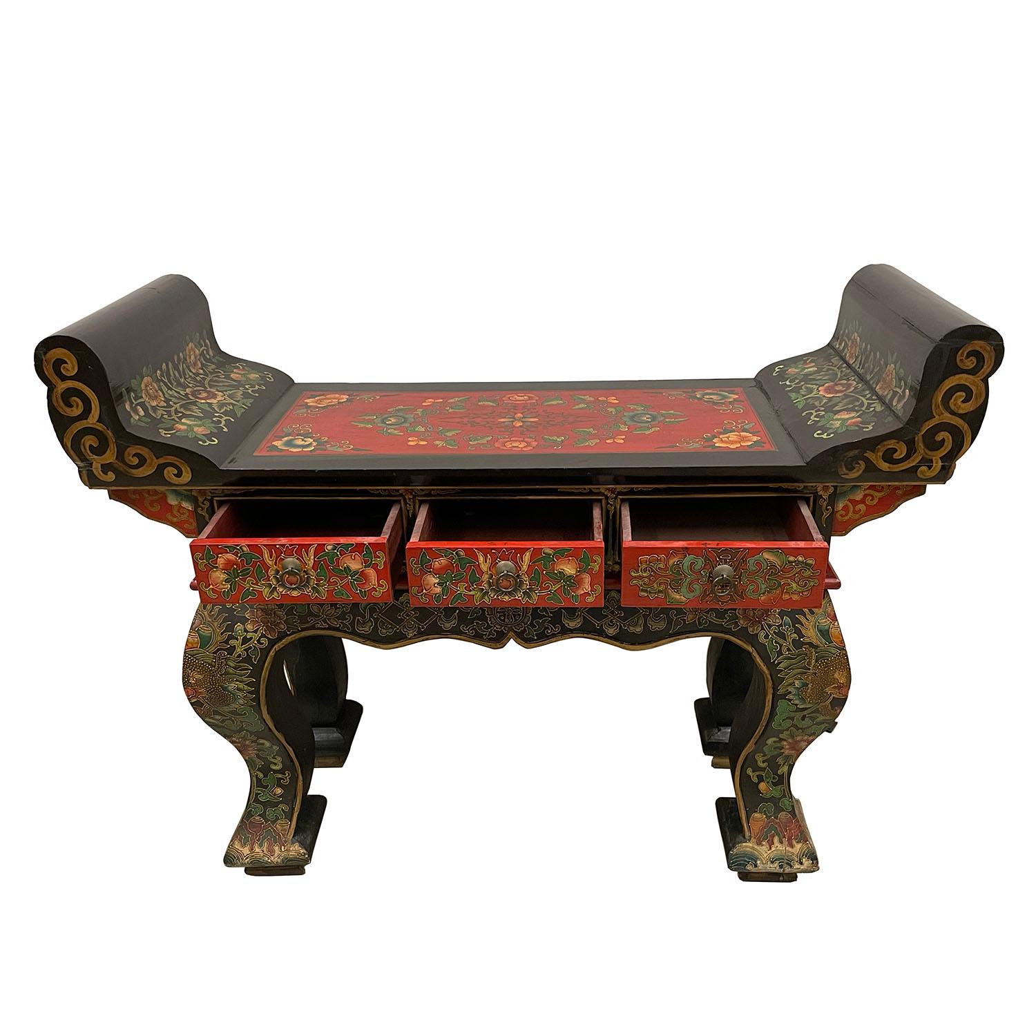20th Century Vintage Tibetan Massive Painted Altar Table, Console In Distressed Condition For Sale In Pomona, CA