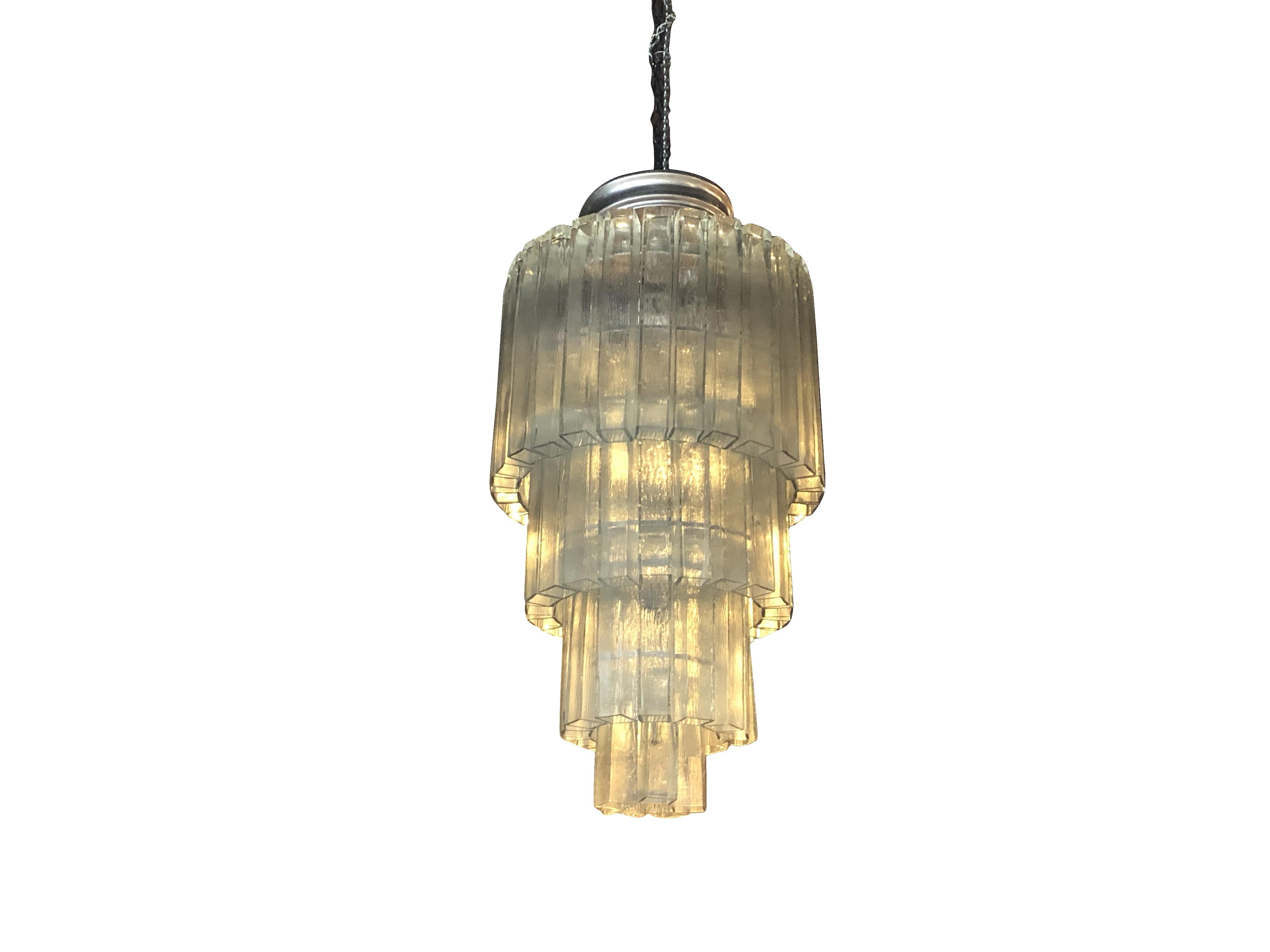 Mid-Century Modern 20th Century Italian Vintage Four Tiered Murano Glass Chandelier, Nickel Light For Sale