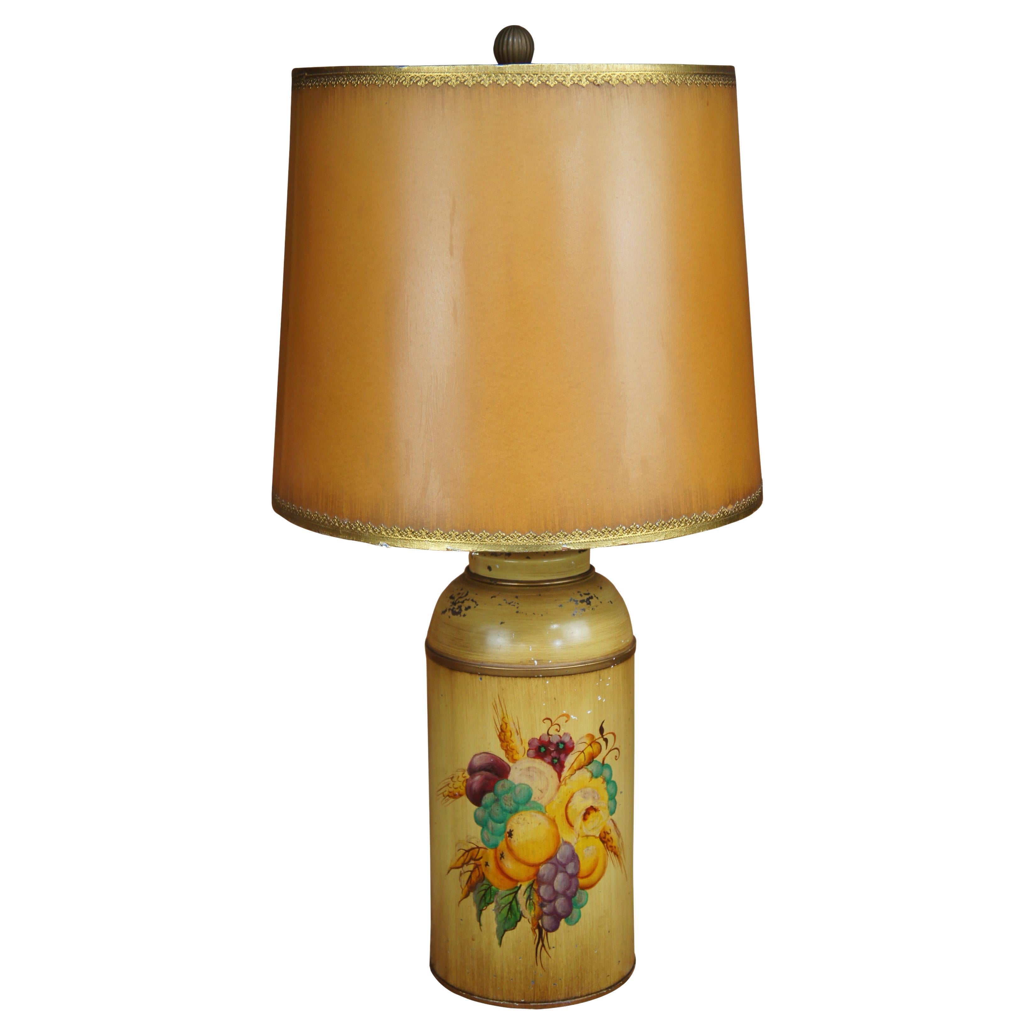 20th Century Vintage Tole Painted Floral Tin Tea Canister Jar Lamp W/ Shade For Sale