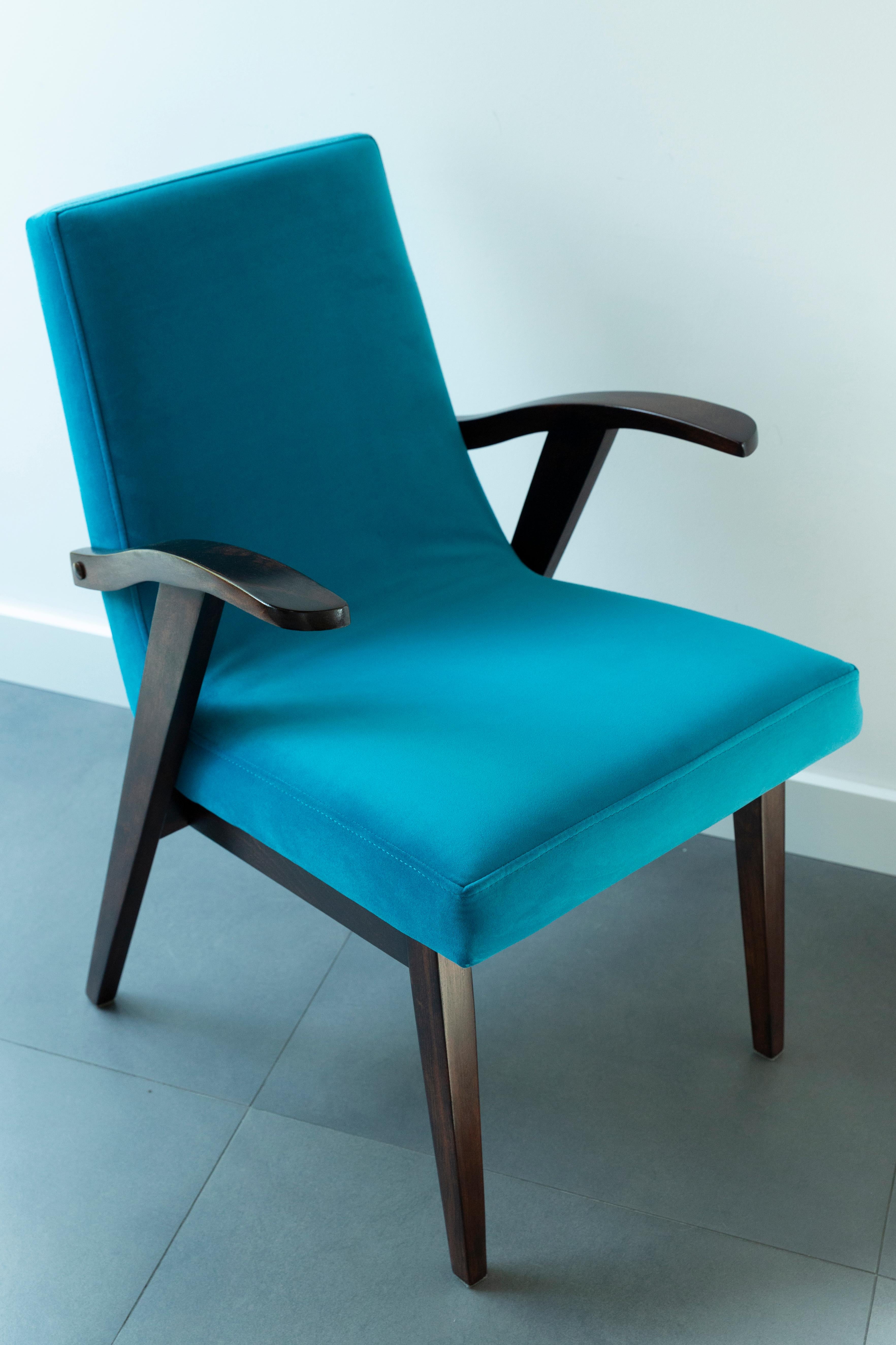 Armchair designed by Mieczyslaw Puchala. Dark brown wood combined with a turquoise blue beautiful velvet gives it elegance and nobility. The chair has undergone a full carpentry and upholstery renovation. The wood is in excellent condition after