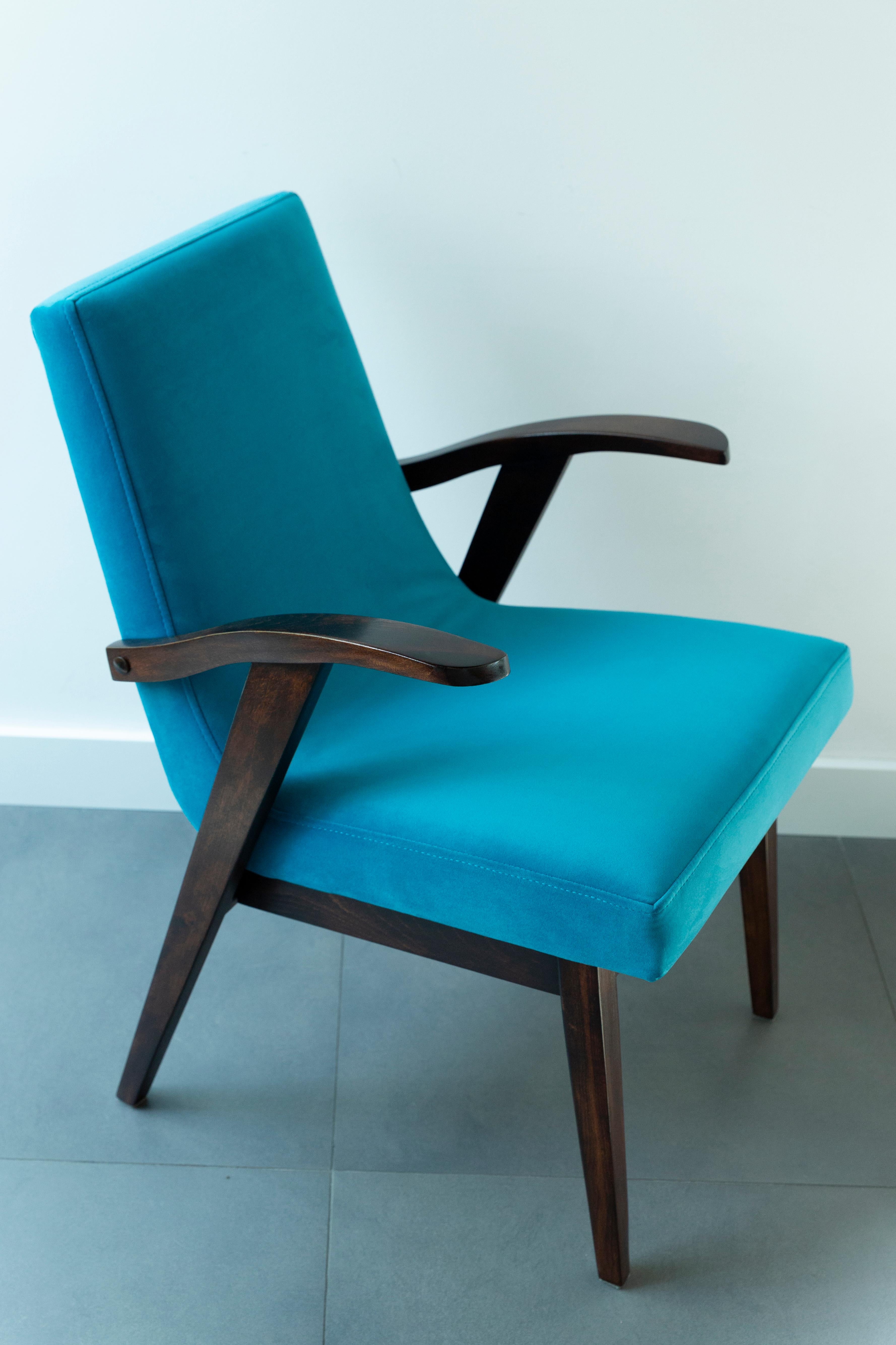 Mid-Century Modern 20th Century Vintage Turquoise Blue Armchair by Mieczyslaw Puchala, 1960s For Sale