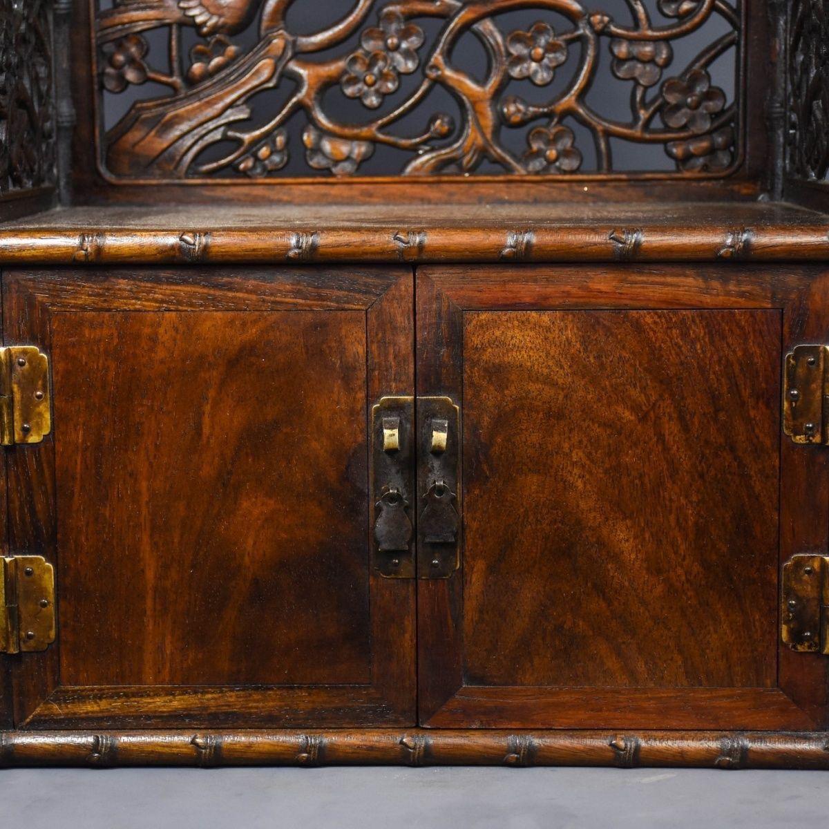 20th Century Vintage Wood Chinese Engraving Birds Flowers Cabinet Chair For Sale 2