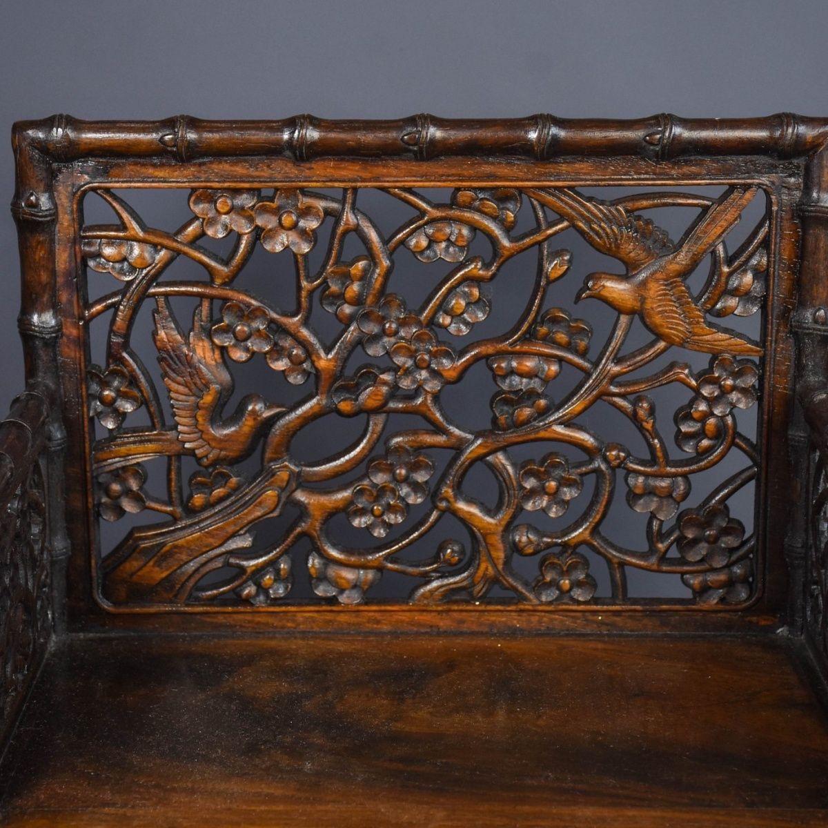 20th Century Vintage Wood Chinese Engraving Birds Flowers Cabinet Chair For Sale 4