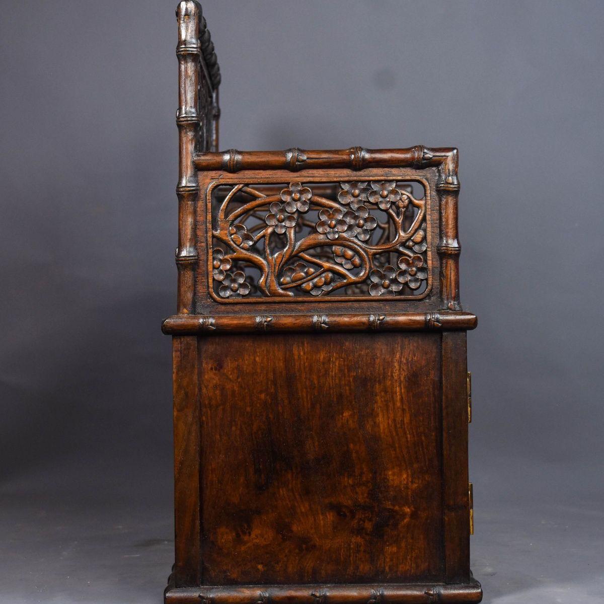 20th Century Vintage Wood Chinese Engraving Birds Flowers Cabinet Chair For Sale 5