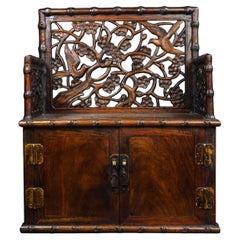 Siglo XX Vintage Madera Grabado Chino Pájaros Flores Silla de Gabinete
