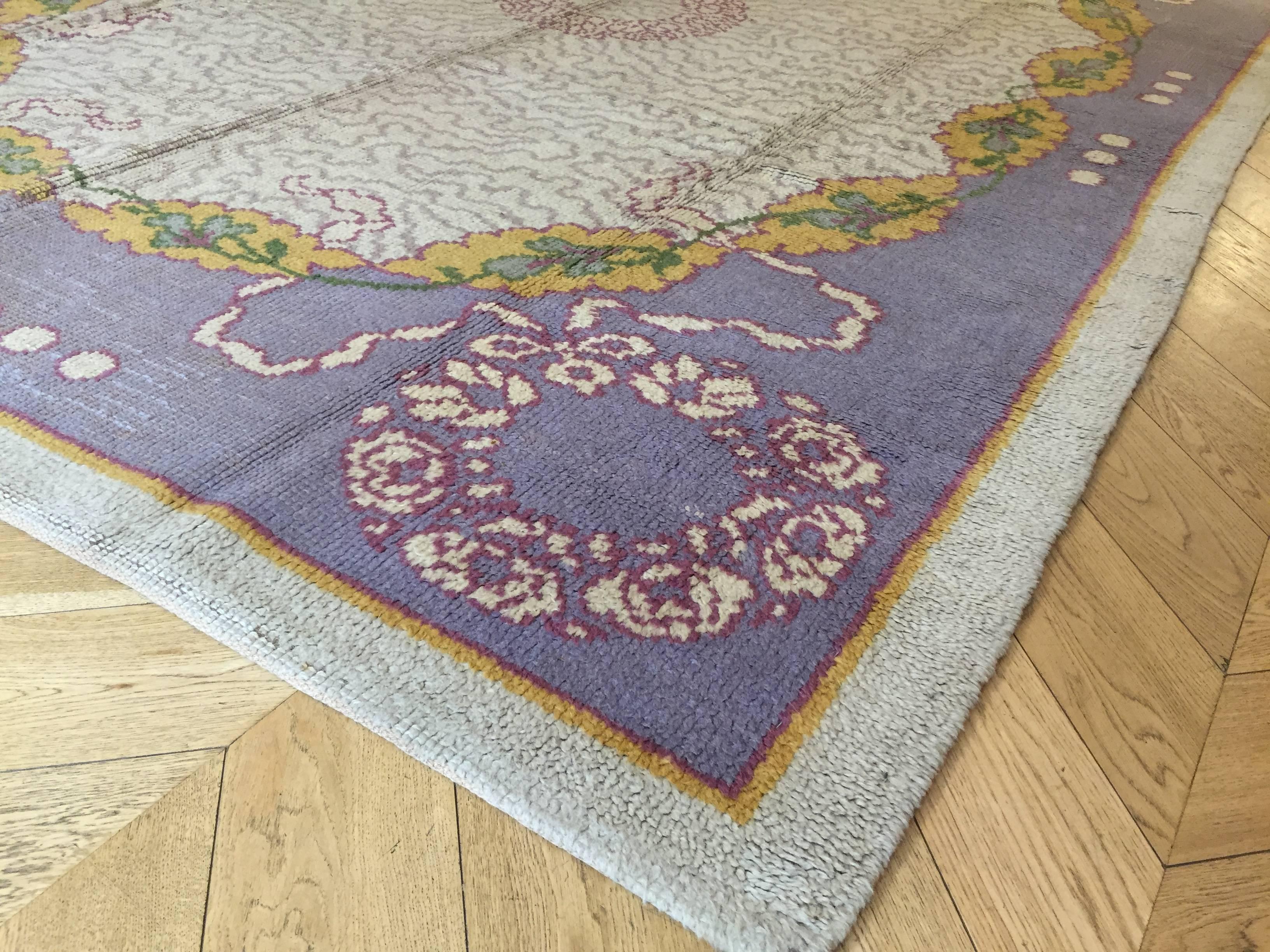 Wool 20th Century Violet and Grey Art Deco European Rug, circa 1920 For Sale