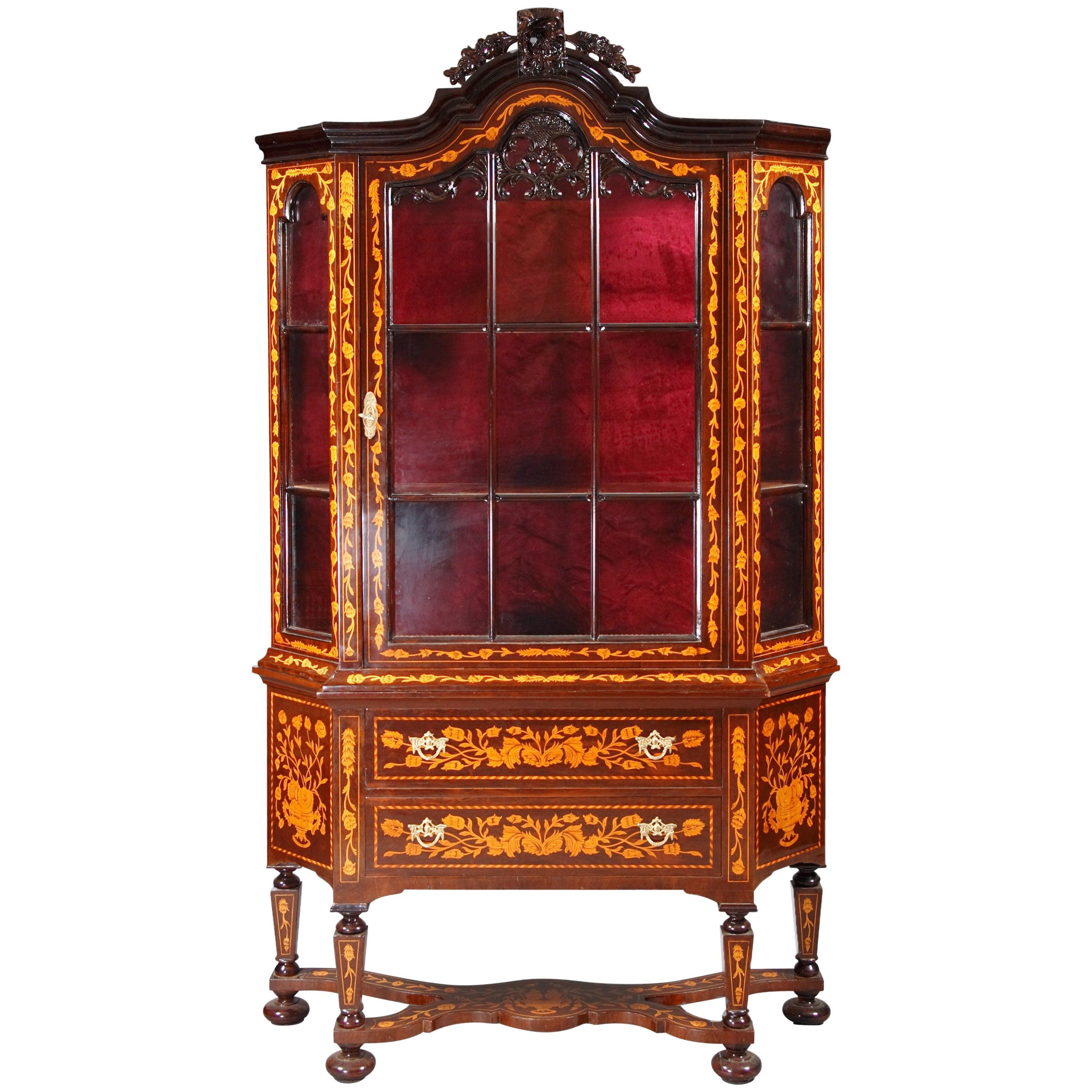 20th Century, Vitrine with Fine Inlay in the Dutch Baroque Style Mahogany Veneer For Sale