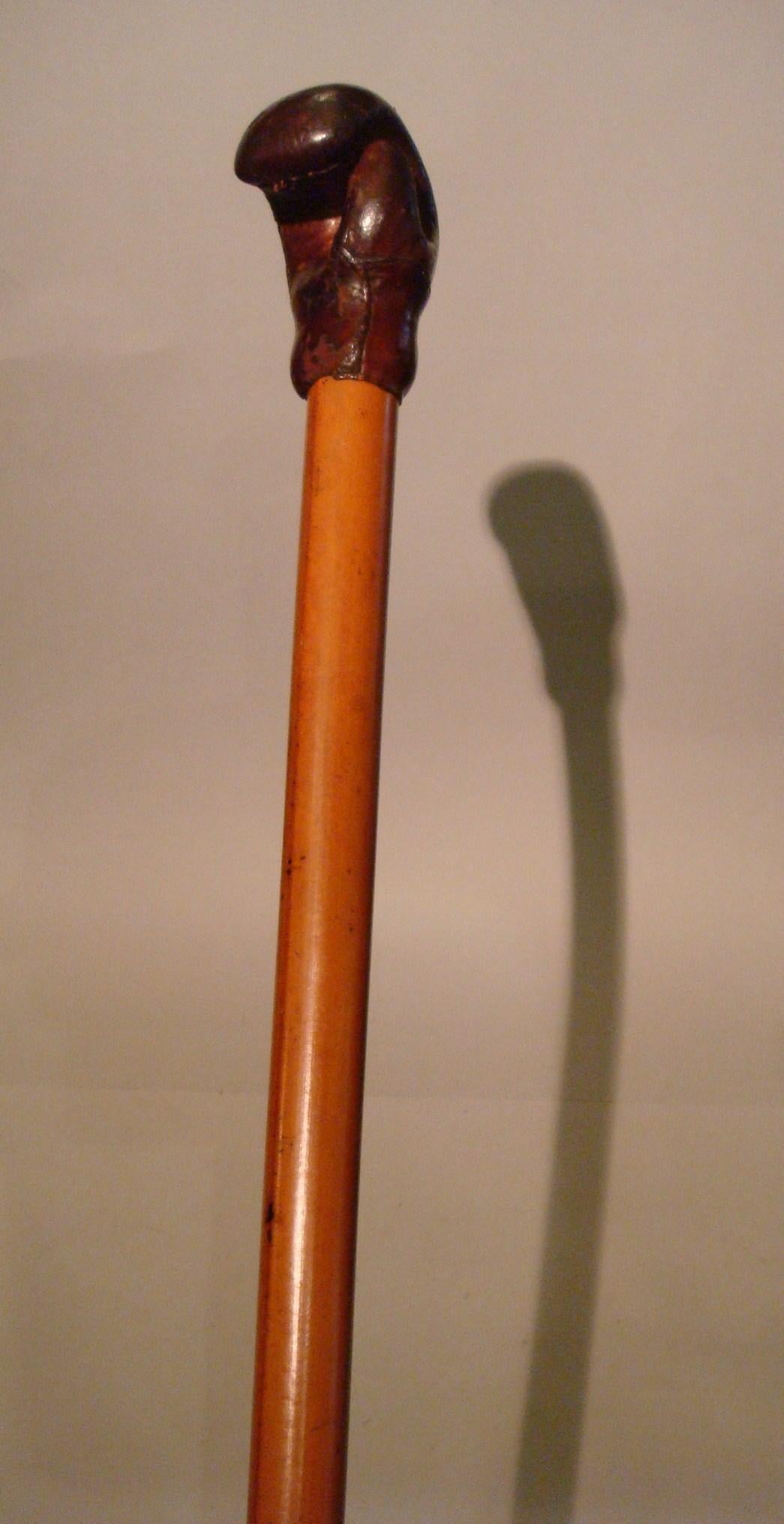 Art Deco 20th Century Walking Stick, Cane with Leather Boxing Glove Shape Handle