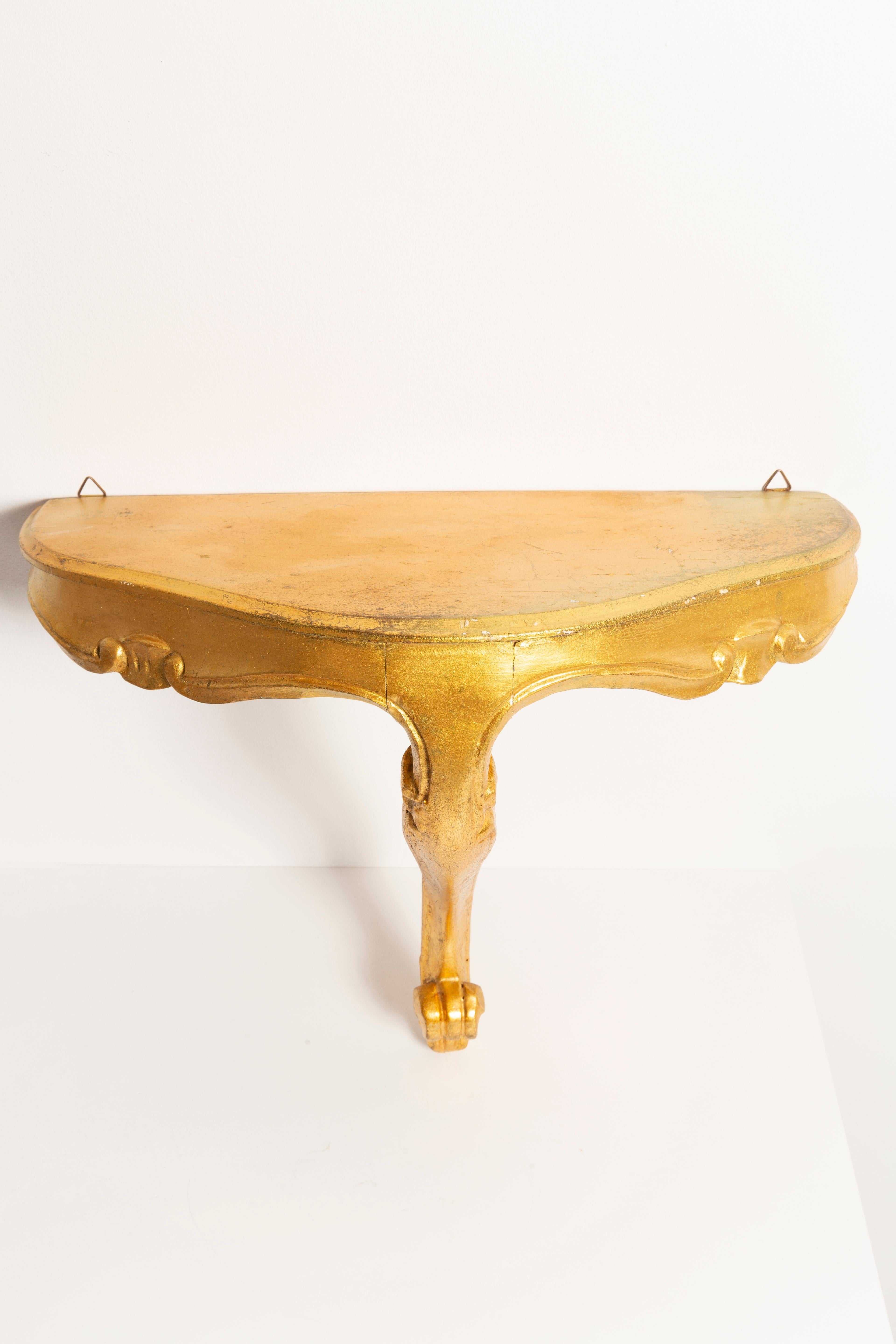 Mid-Century Modern 20th Century Wall Console Table Shelf Gold Curvy Decorative Leg, Europe, 1960s For Sale
