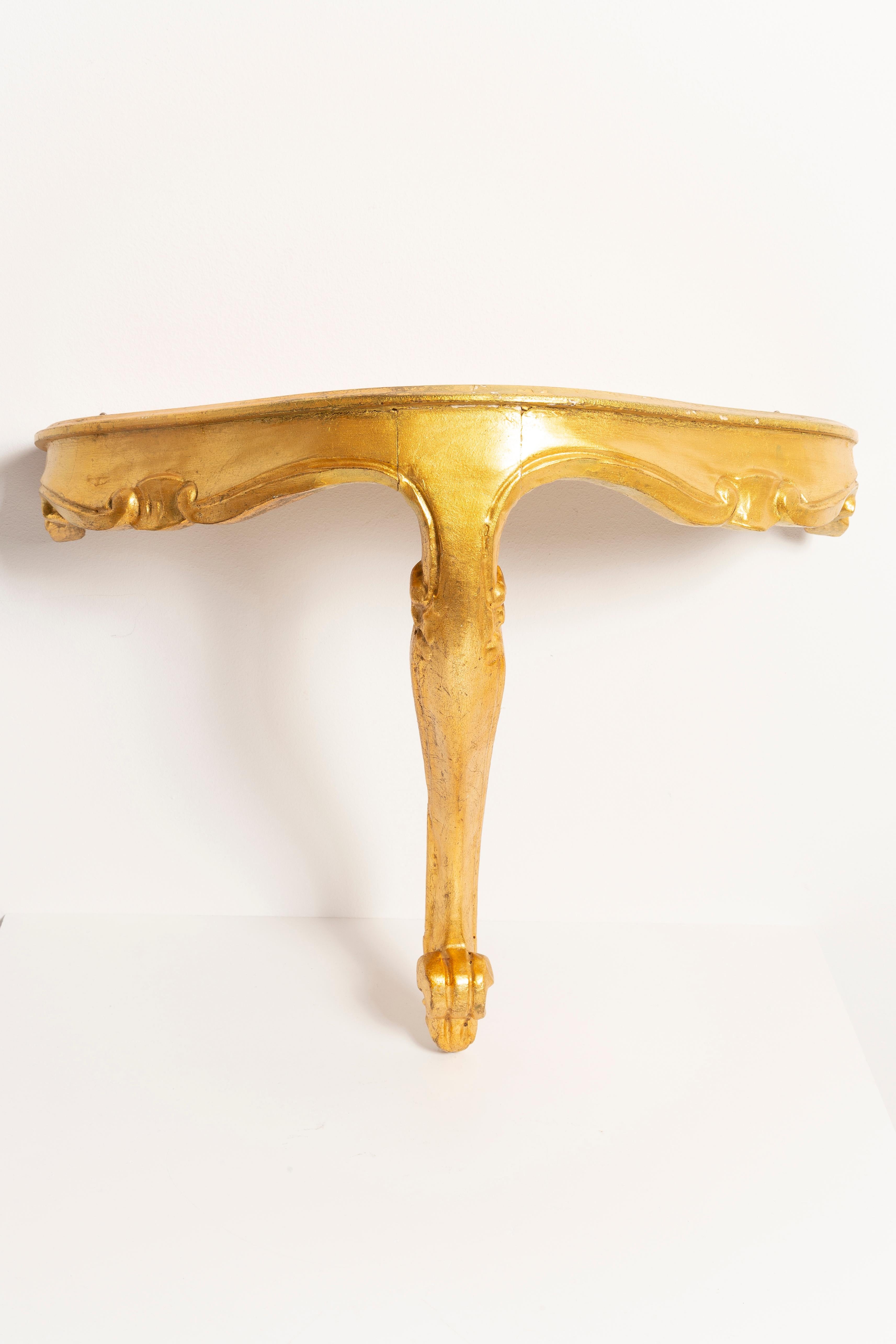 German 20th Century Wall Console Table Shelf Gold Curvy Decorative Leg, Europe, 1960s For Sale