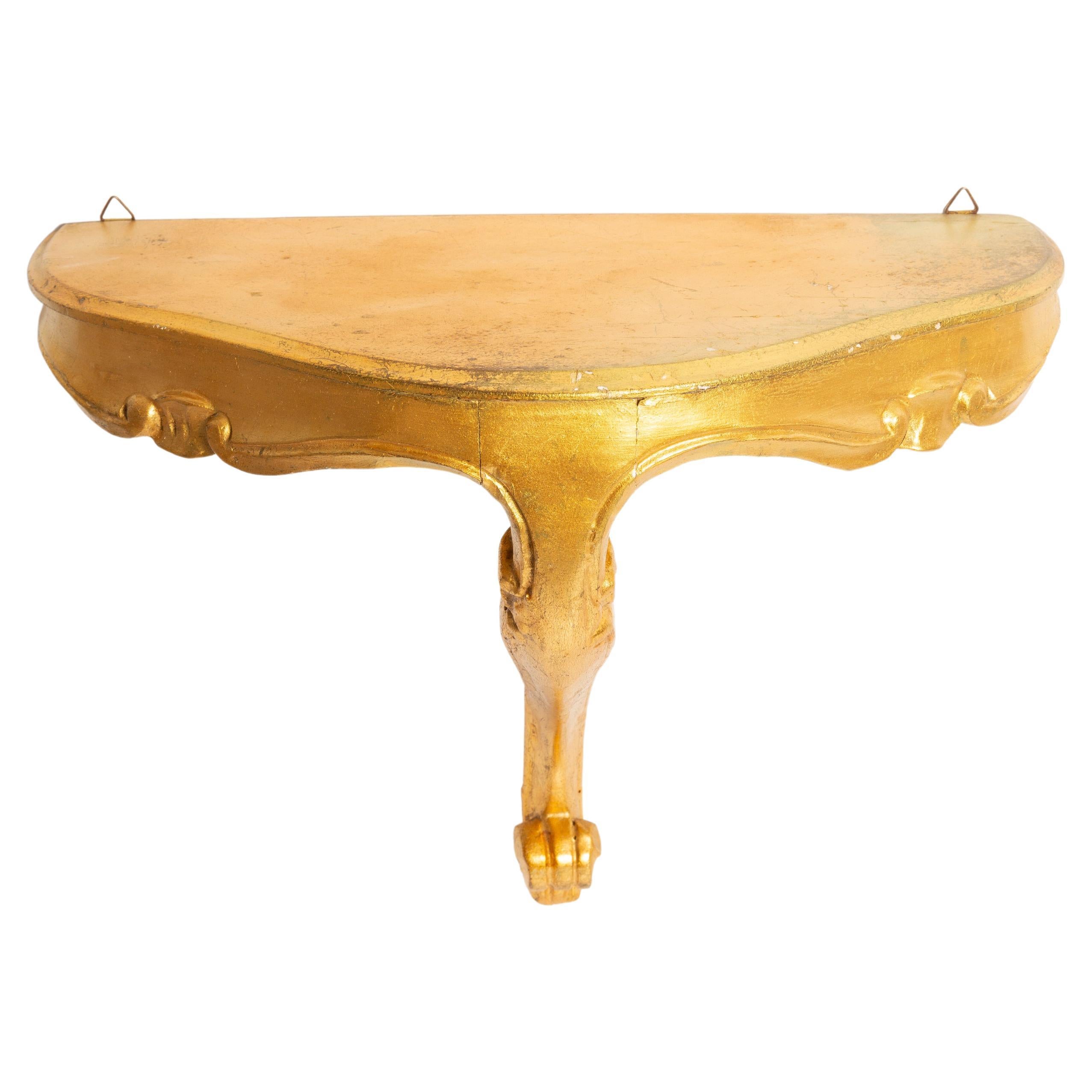 20th Century Wall Console Table Shelf Gold Curvy Decorative Leg, Europe, 1960s