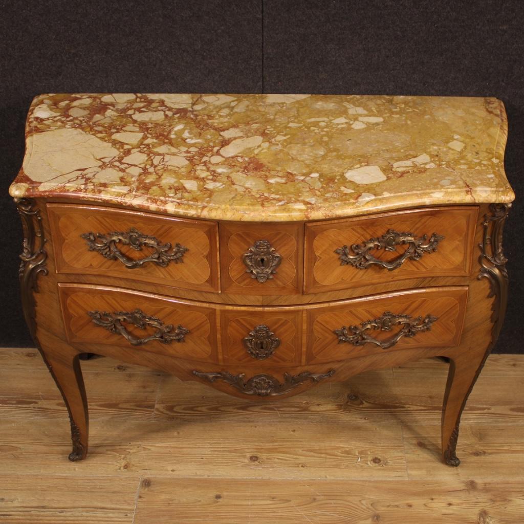 20th Century Walnut and Boxwood Inlaid with Marble-Top French Louis XV Dresser In Good Condition In Vicoforte, Piedmont