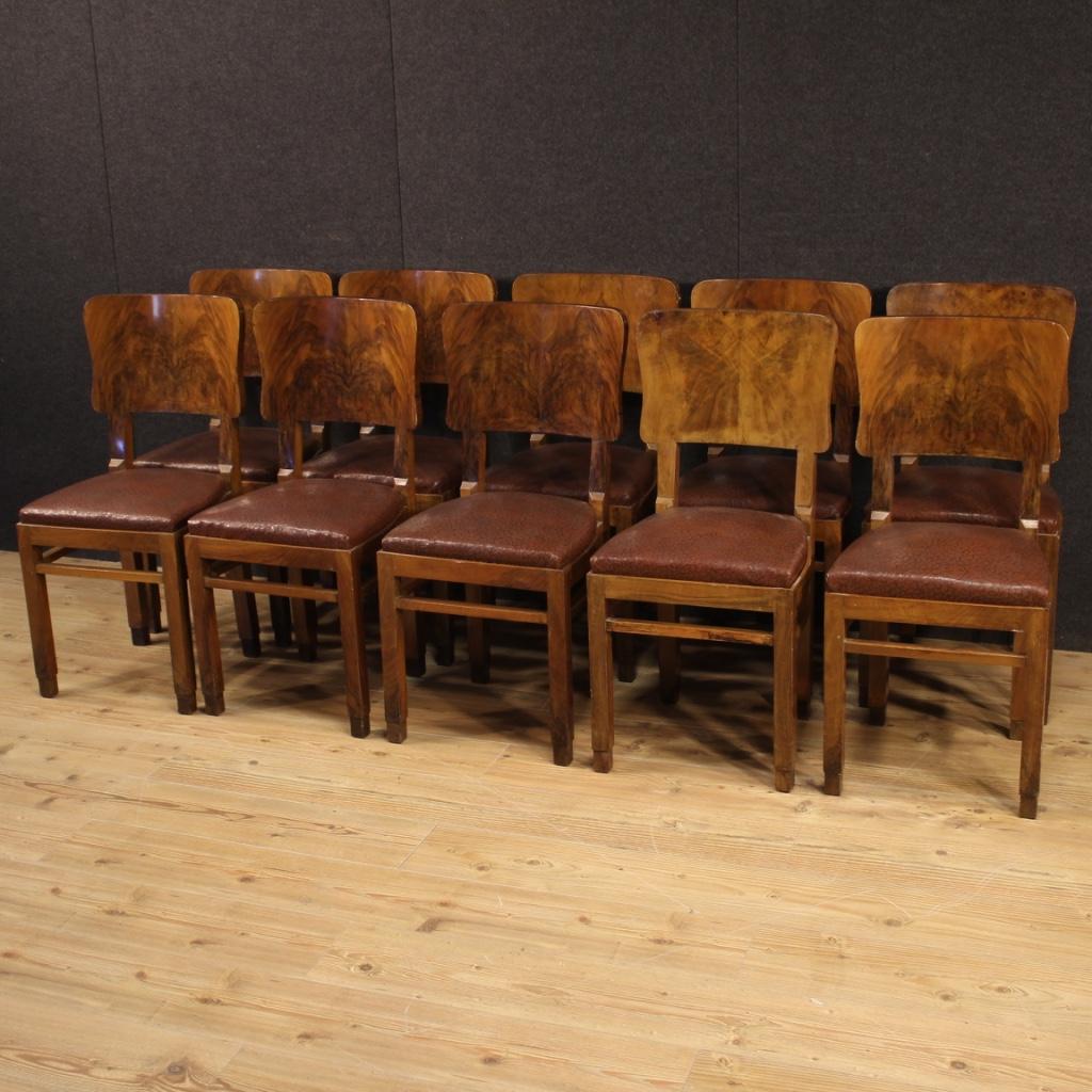 20th Century Walnut and Burl Italian Group of 10 Chairs, 1950 In Good Condition In Vicoforte, Piedmont