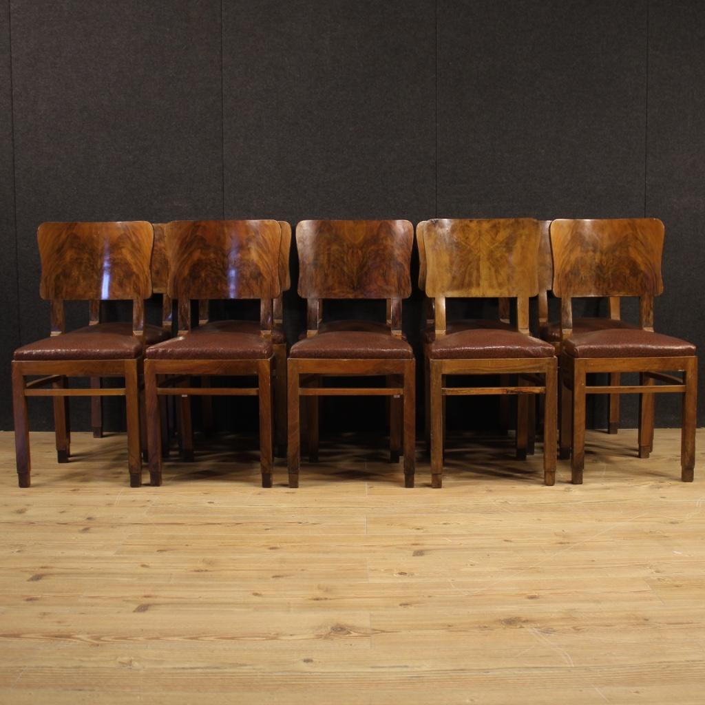 20th Century Walnut and Burl Italian Group of 10 Chairs, 1950 1