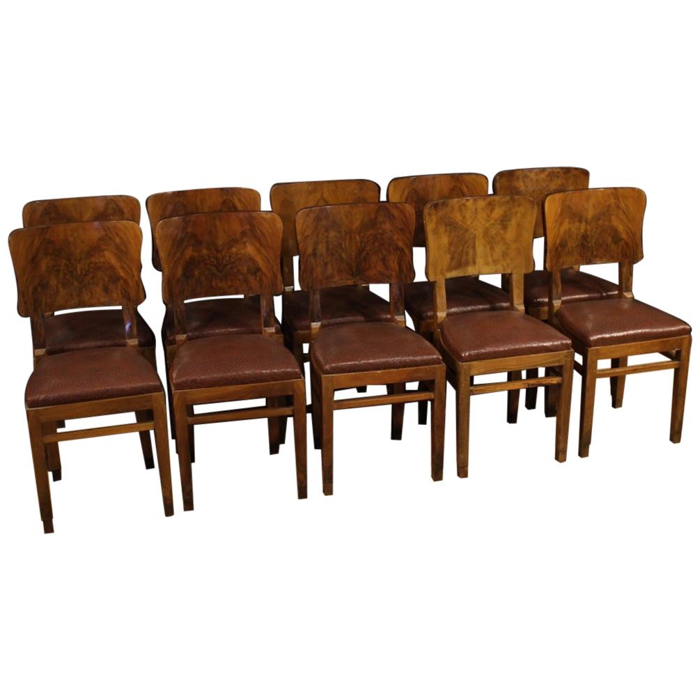 20th Century Walnut and Burl Italian Group of 10 Chairs, 1950