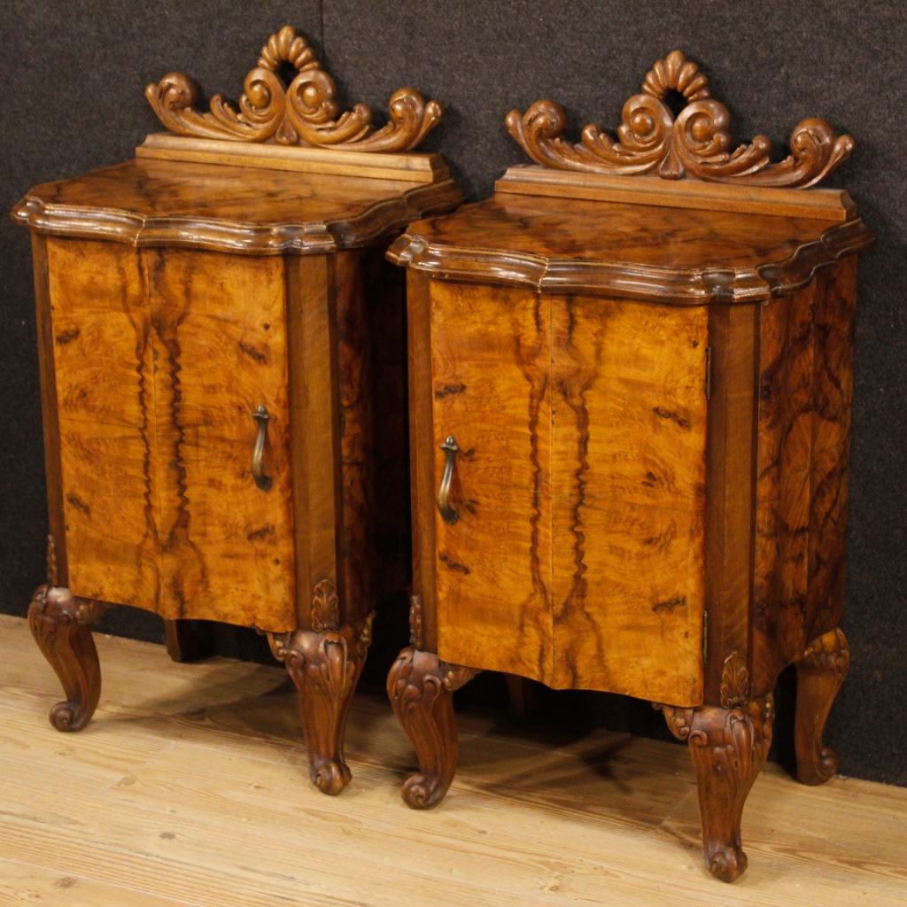 Pair of Italian bedside tables from the 20th century. Beautiful furniture carved in walnut and burl wood. Ideal bedside tables to be placed in a bedroom or living room with a wooden door and a character top. Furniture of good capacity and service