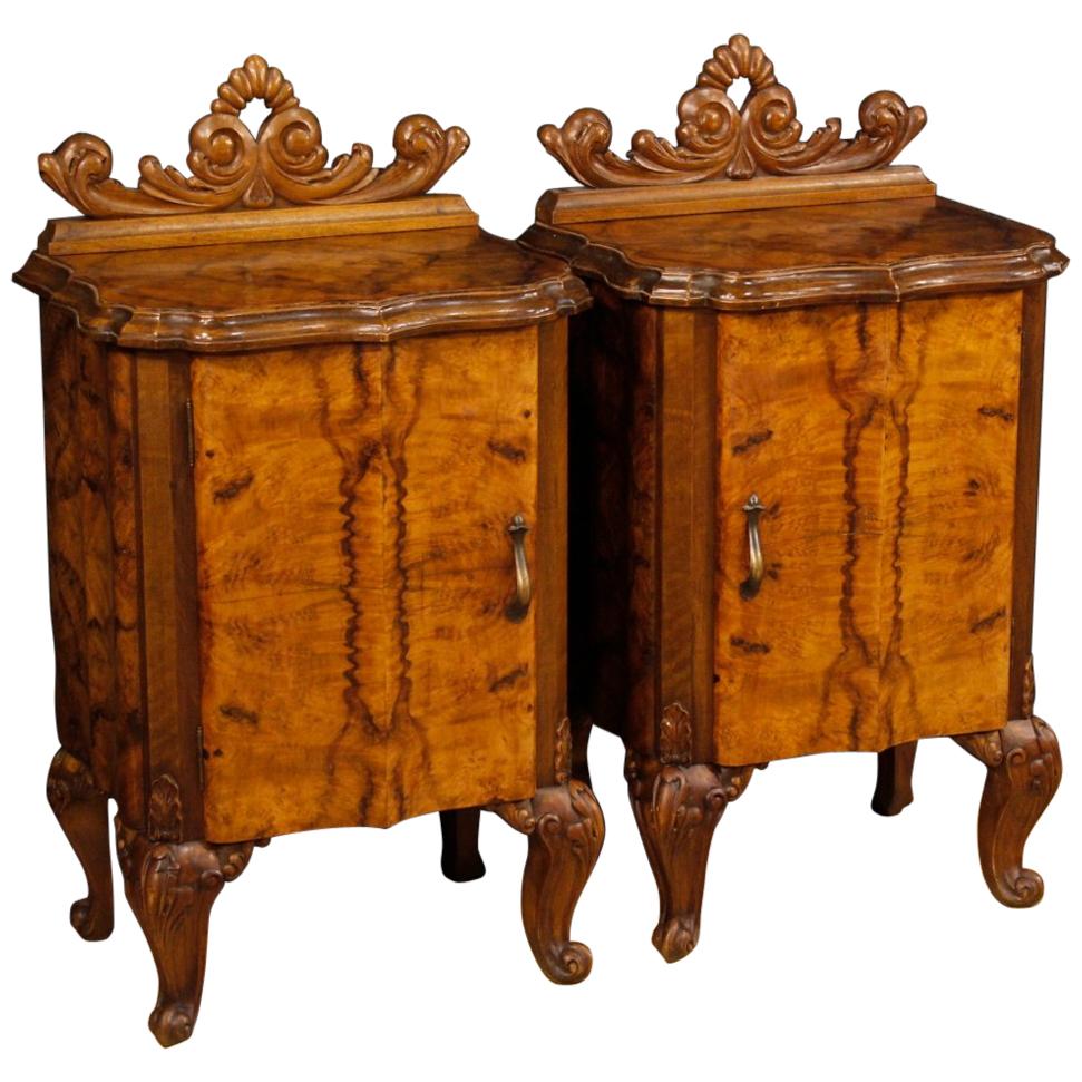 20th Century Walnut and Burl Wood Italian Pair of Bedside Tables, 1960