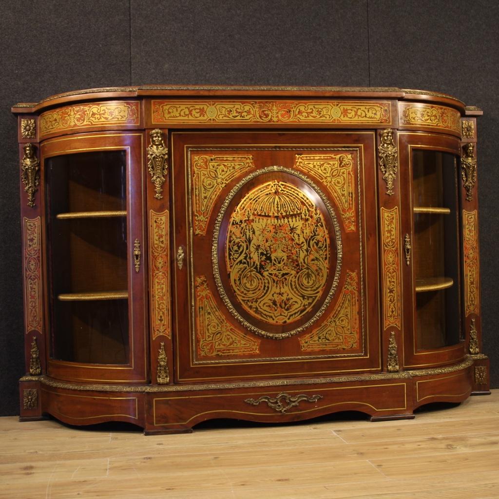 20th Century Walnut and Mahogany Wood French Boulle Style Sideboard, 1960 In Good Condition In Vicoforte, Piedmont