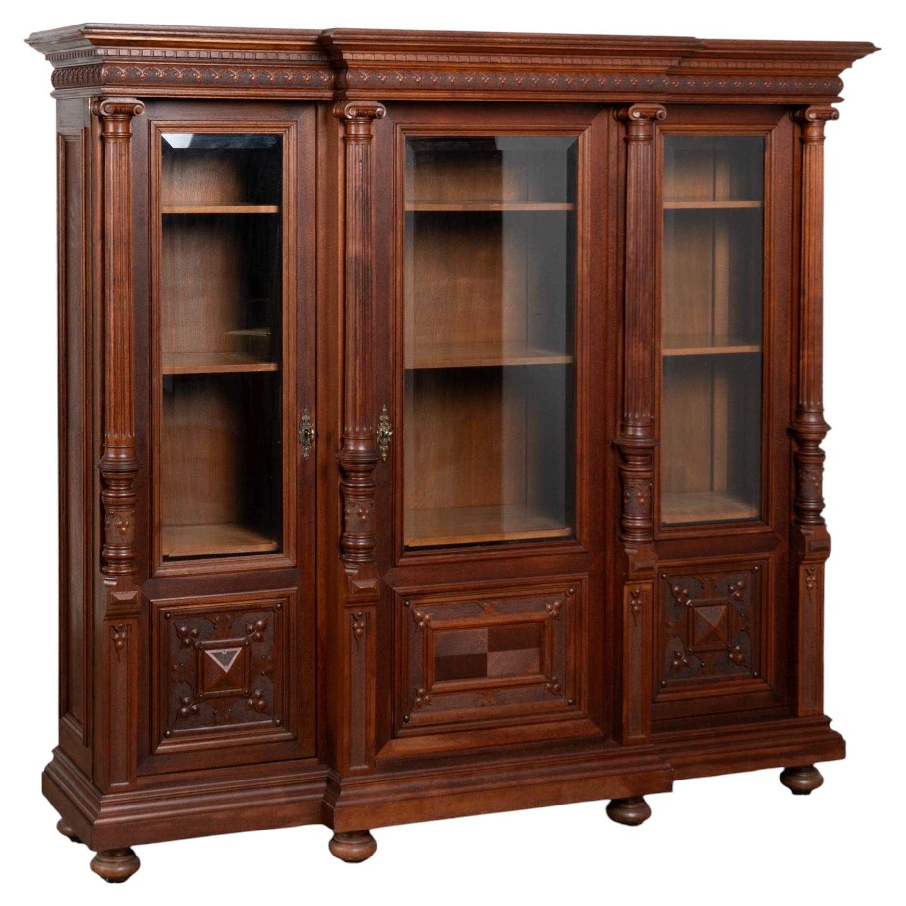 20th Century Walnut Bookcase Display Cabinet with Turned Columns