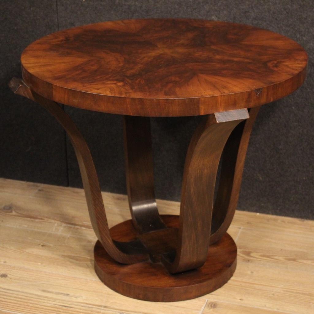 French coffee table from 20th century. Furniture carved in walnut, burl and beech woods in a particular 