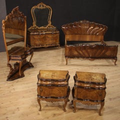20th Century Walnut Burl Beech Ebonized Wood Italian Double Bed, 1950