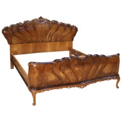 20th Century Walnut Burl Beech Ebonized Wood Italian Double Bed, 1950