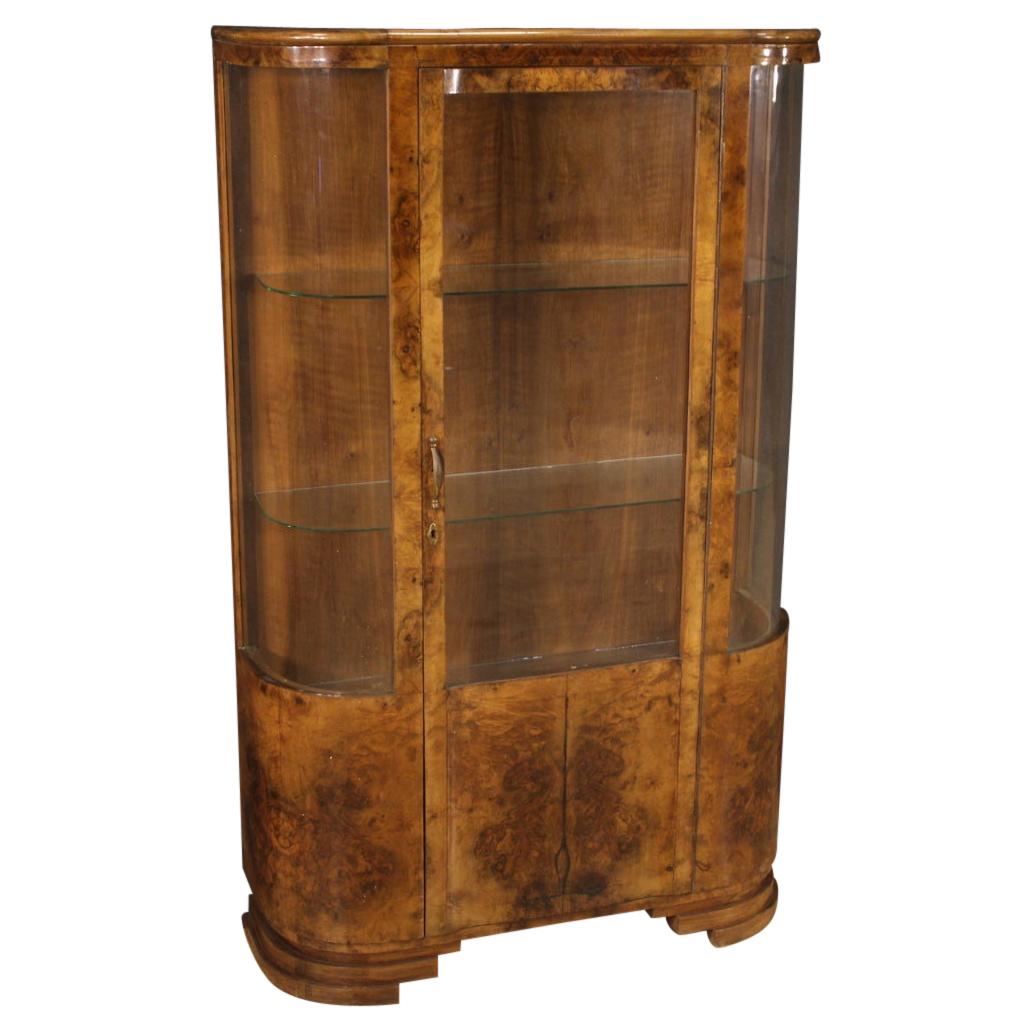 20th Century Walnut Burl Fruitwood Wood Italian Art Deco Style Display Cabinet