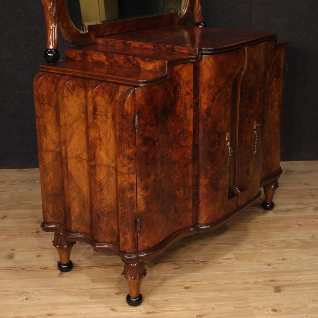 20th Century Walnut, Burl Walnut, Ebonized Wood Italian Sideboard with Mirror In Good Condition In Vicoforte, Piedmont