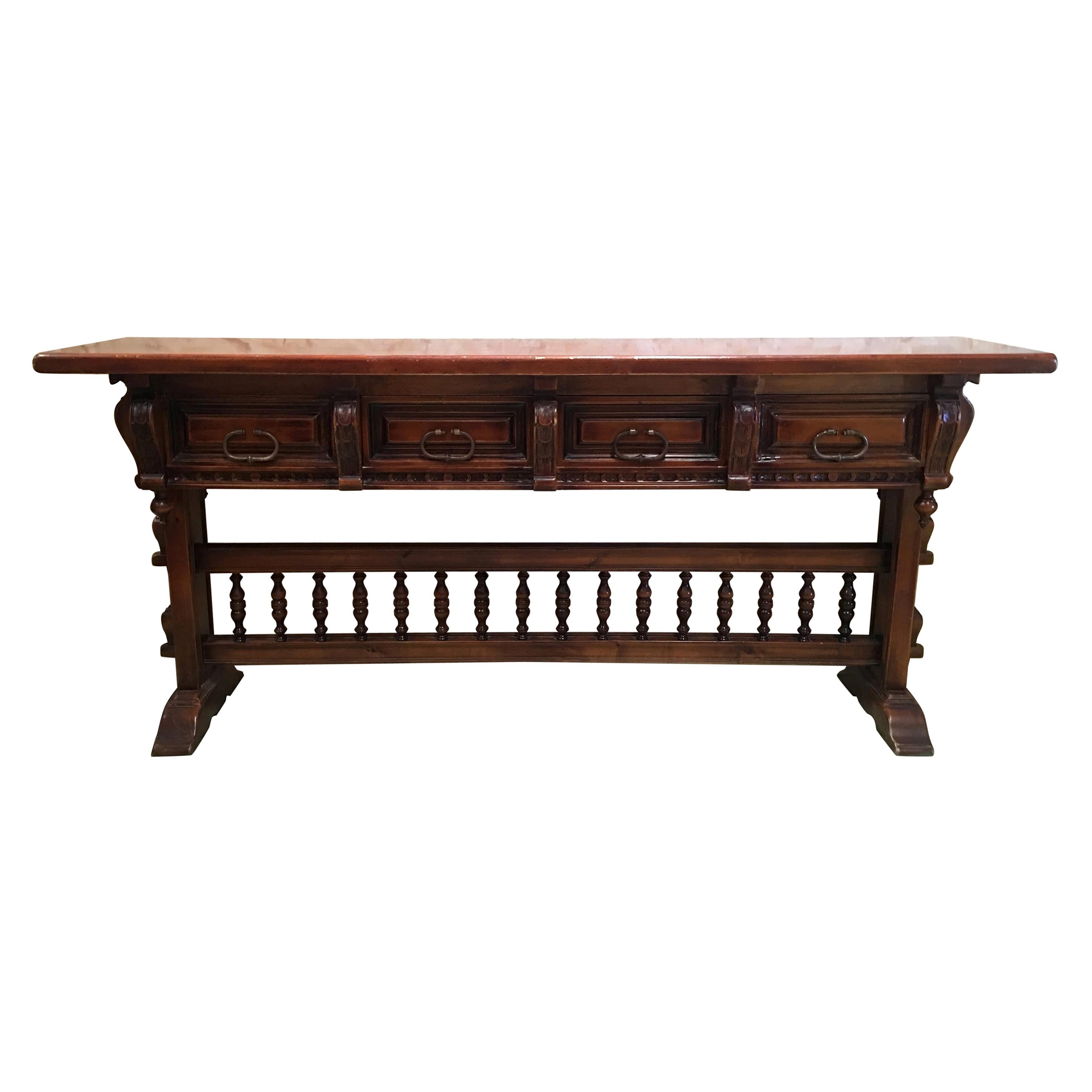 20th Century Walnut Console Table with Four Carved Drawers Signed by Valentí For Sale