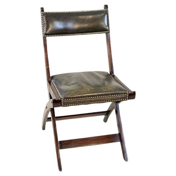 20th-Century Walnut Folding Chair Upholstered With Dark-Green Leather For Sale