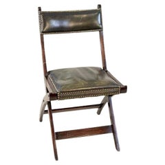 20th-Century Walnut Folding Chair Upholstered With Dark-Green Leather