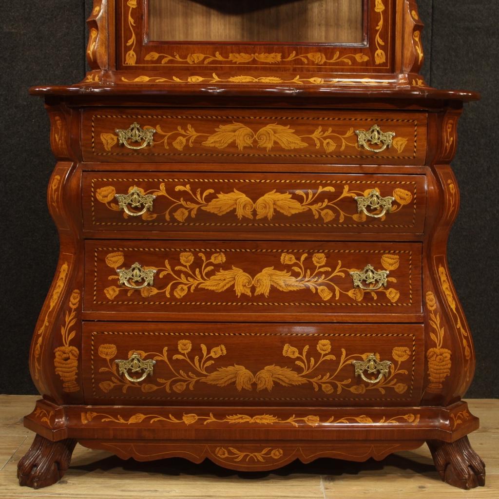 20th Century Walnut Maple Beech Inlaid Wood Dutch Display Cabinet, 1960 In Good Condition In Vicoforte, Piedmont